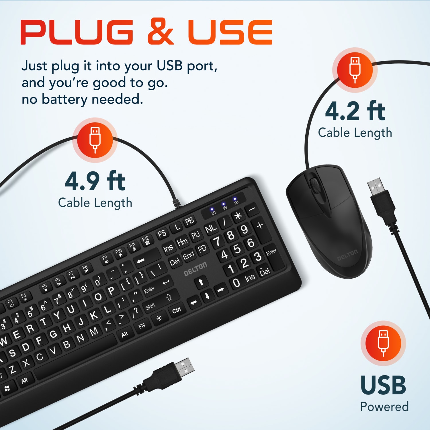 Delton KB20 Large Print Big Key Backlit Wired Keyboard, Black, Total Qty 1 - Image 4