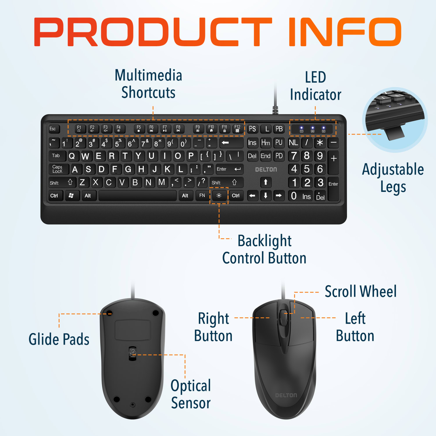 Delton KB20 Large Print Big Key Backlit Wired Keyboard, Black, Total Qty 1 - Image 5