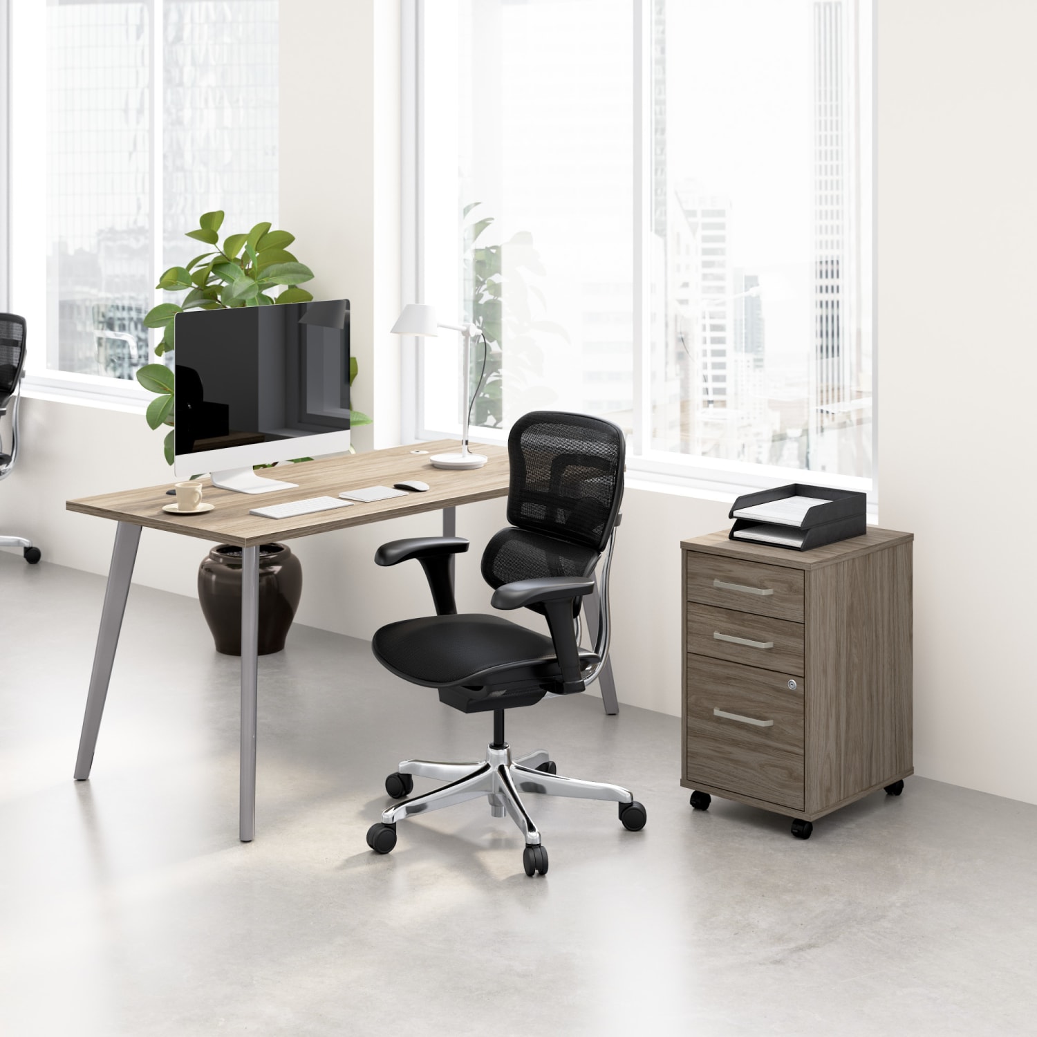 WorkPro Motiva 60inW Modern Office Desk With 3-Drawer Rolling File Cabinet, Modern Hickory, Standard Delivery