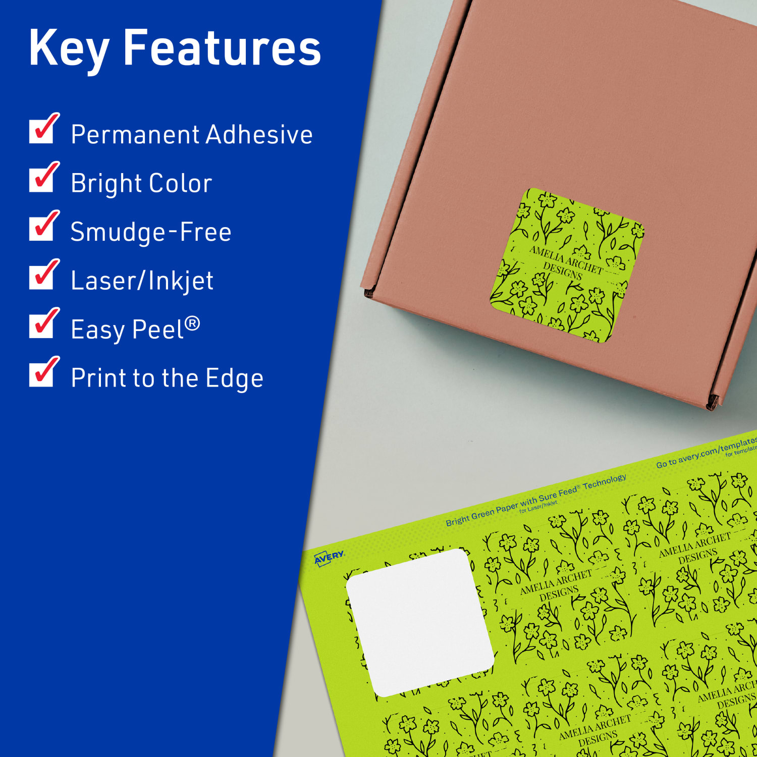 Avery Print-To-The-Edge Labels With Sure Feed Technology And Easy Peel Label Feature, 94107-BGP80, Square, 2in x 2in, Matte Bright Green, Pack of 960 - Image 3