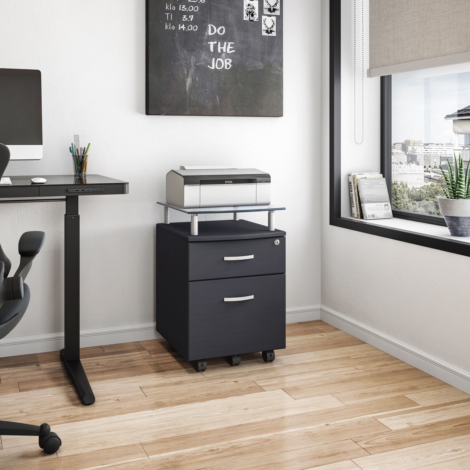 Techni Mobili 15-3/4inW x 17-1/2inD Lateral 2-Drawer Mobile Locking Glass Top File Cabinet, Graphite Black - Image 3