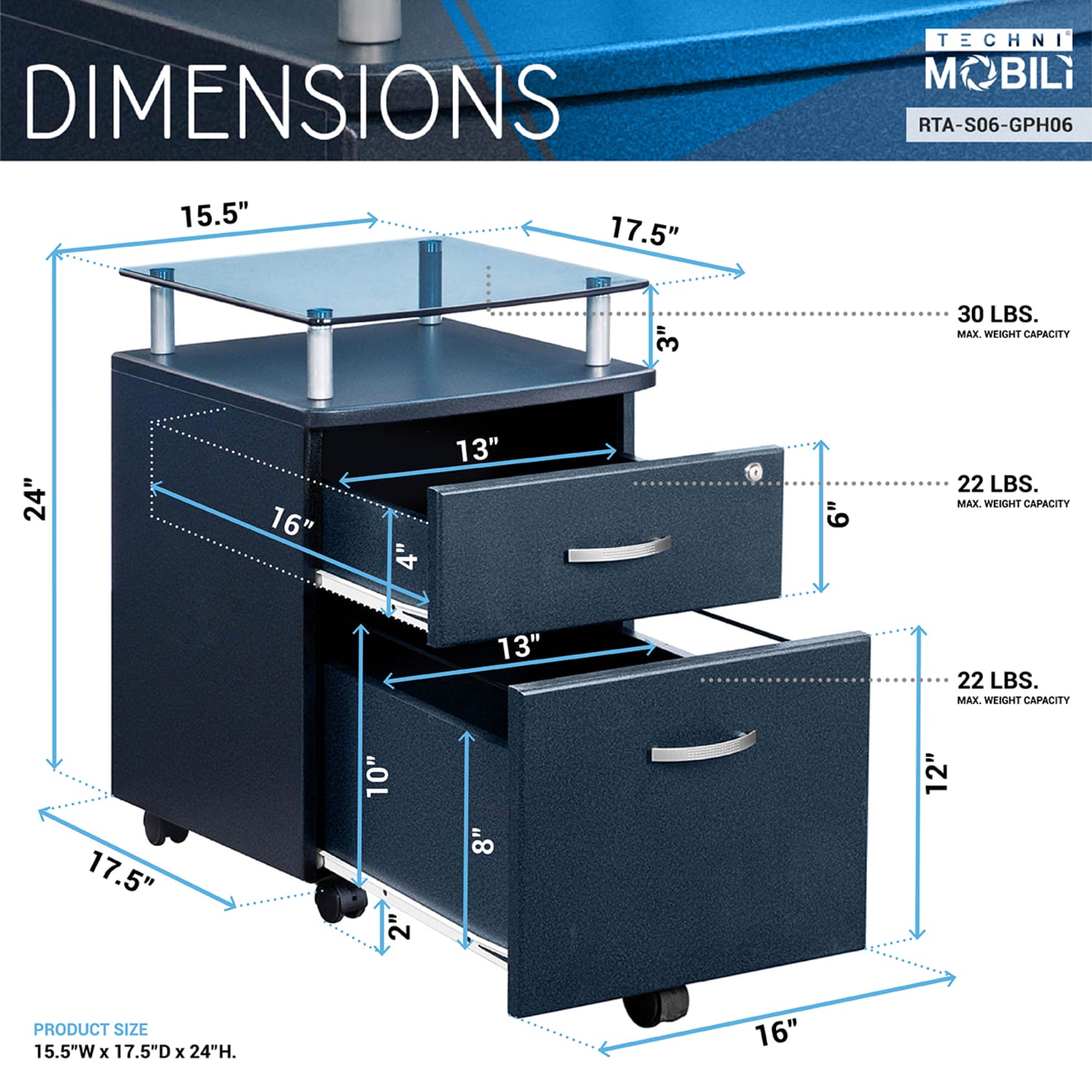 Techni Mobili 15-3/4inW x 17-1/2inD Lateral 2-Drawer Mobile Locking Glass Top File Cabinet, Graphite Black - Image 4