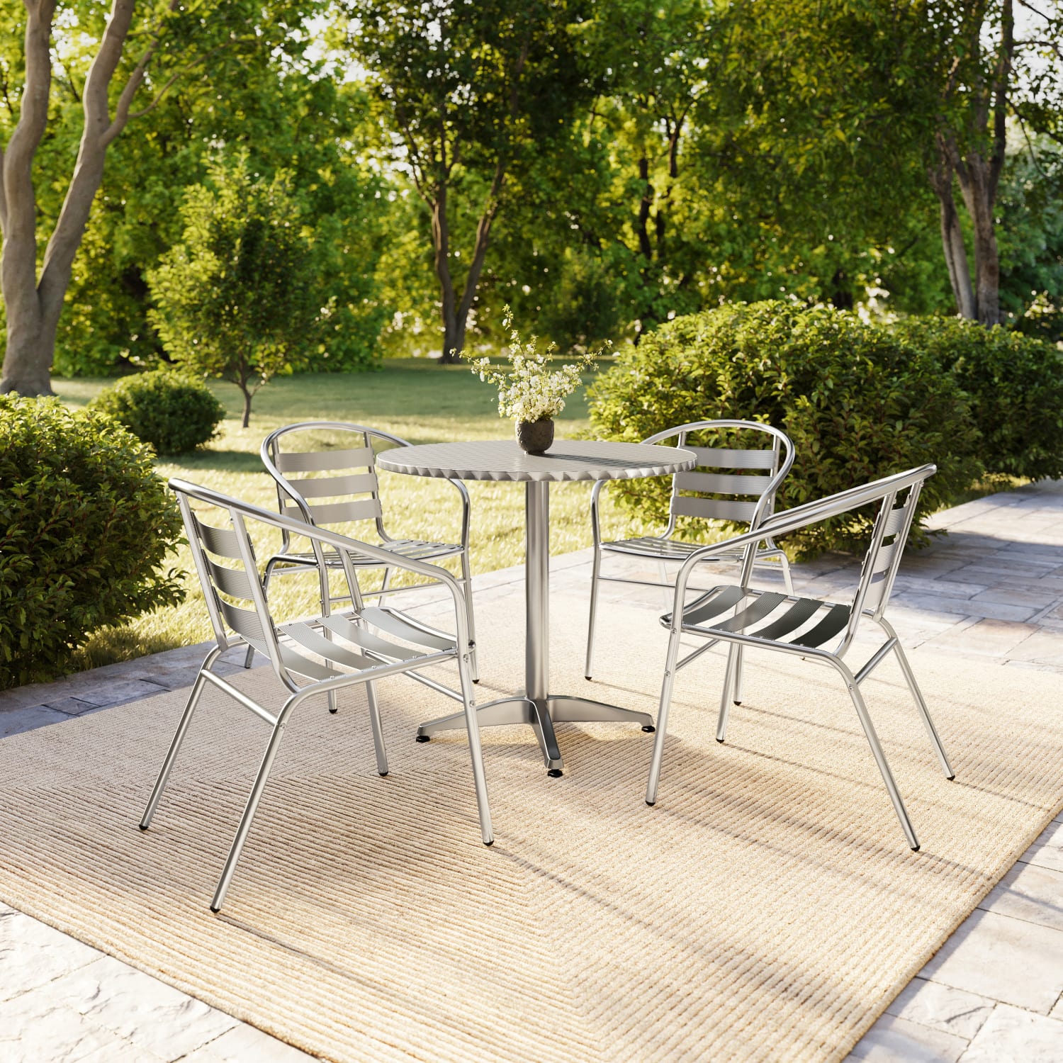 Flash Furniture Round Aluminum Indoor/Outdoor Table Set With 4 Slat-Back Chairs, 27-1/2inH x 31-1/2inW x 31-1/2inD, Aluminum - Image 6