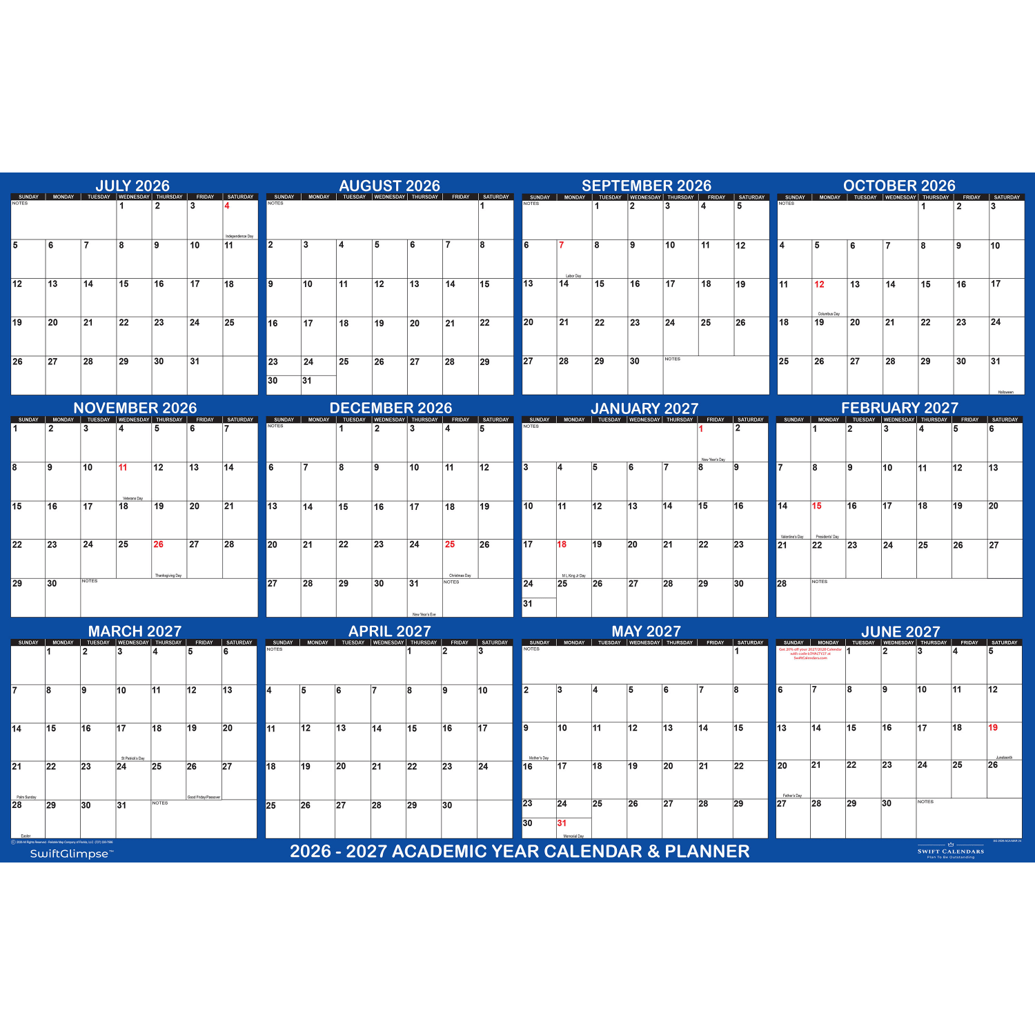 2026-2027 SwiftGlimpse Academic Monthly Wall Calendar, 72in x 48in, Navy/White, July To June, Total Qty 1