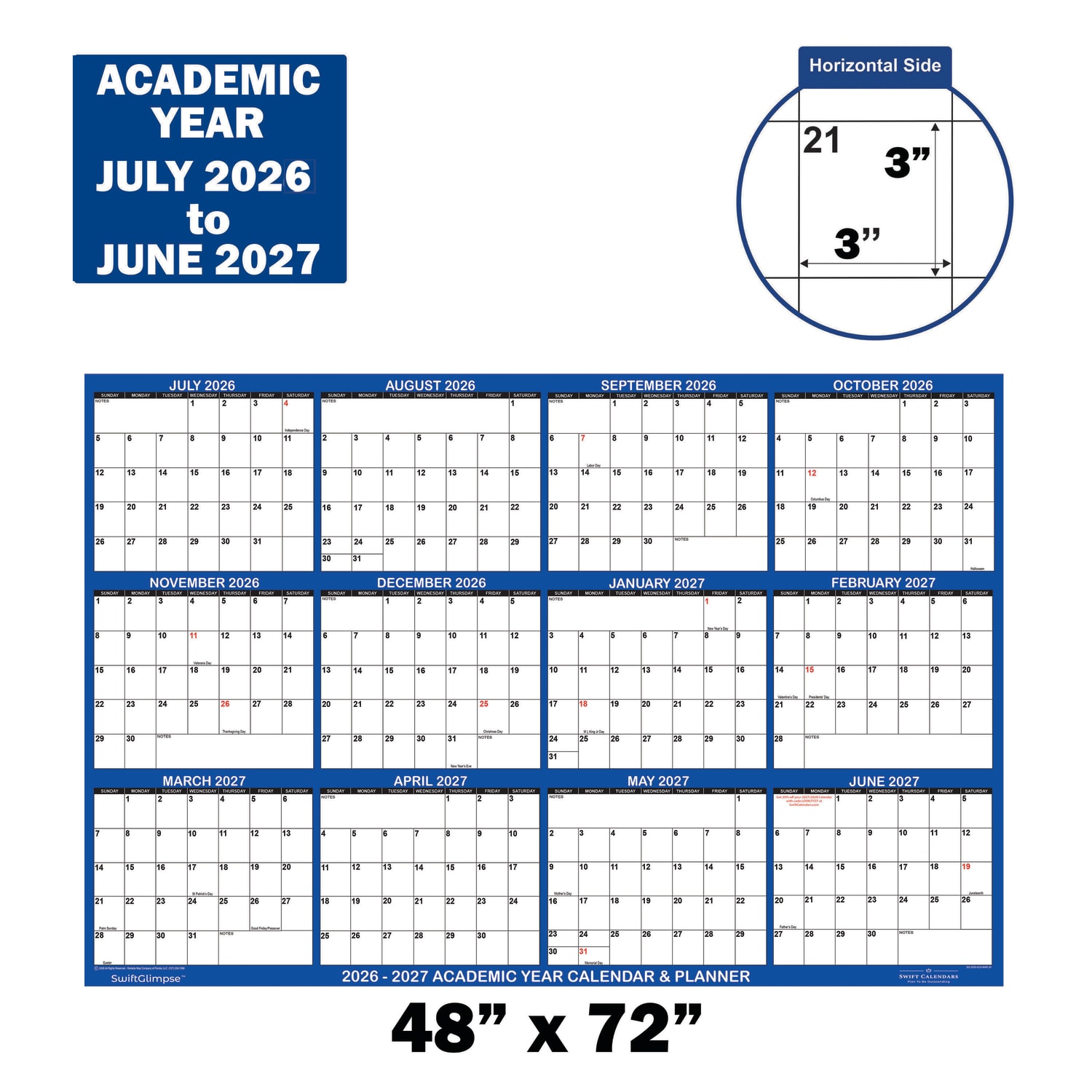 2026-2027 SwiftGlimpse Academic Monthly Wall Calendar, 72in x 48in, Navy/White, July To June, Total Qty 1 - Image 3