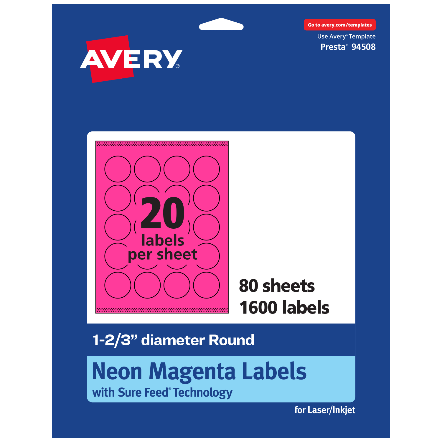 Avery Print-To-The-Edge Labels With Sure Feed Technology, 94508-NMP80, Round, 1-2/3in, Matte Neon Magenta, Pack of 1600 - Image 3