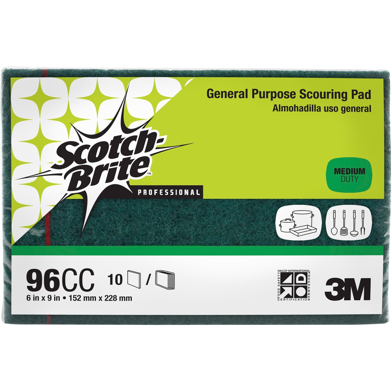 Scotch-Brite General-Purpose Scouring Pads - 6in Width x 9in Length - 10/Pack - 6 / Carton - Synthetic Fiber - Green