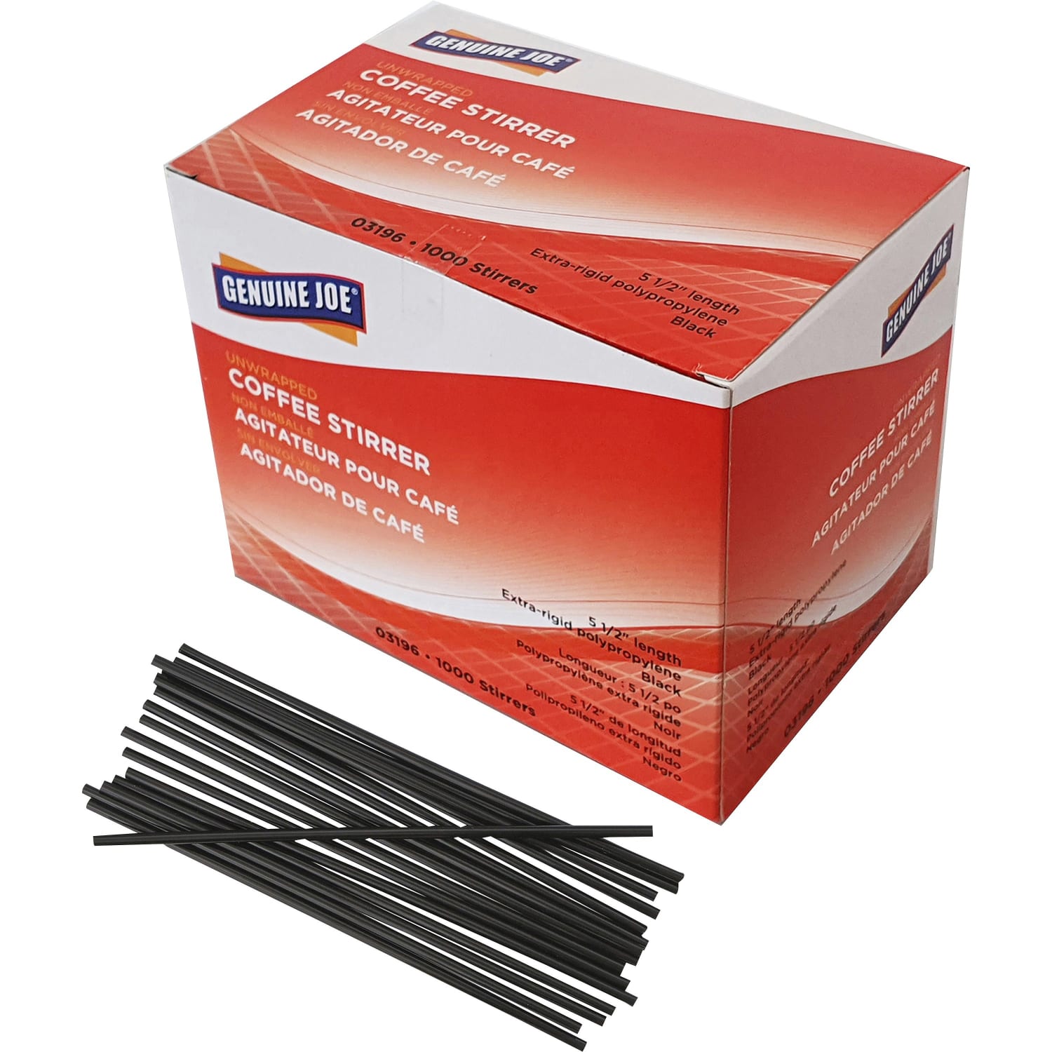 Genuine Joe Plastic Stirrers - 5.5in Length - Plastic, Polypropylene - Black - 1000 / Box