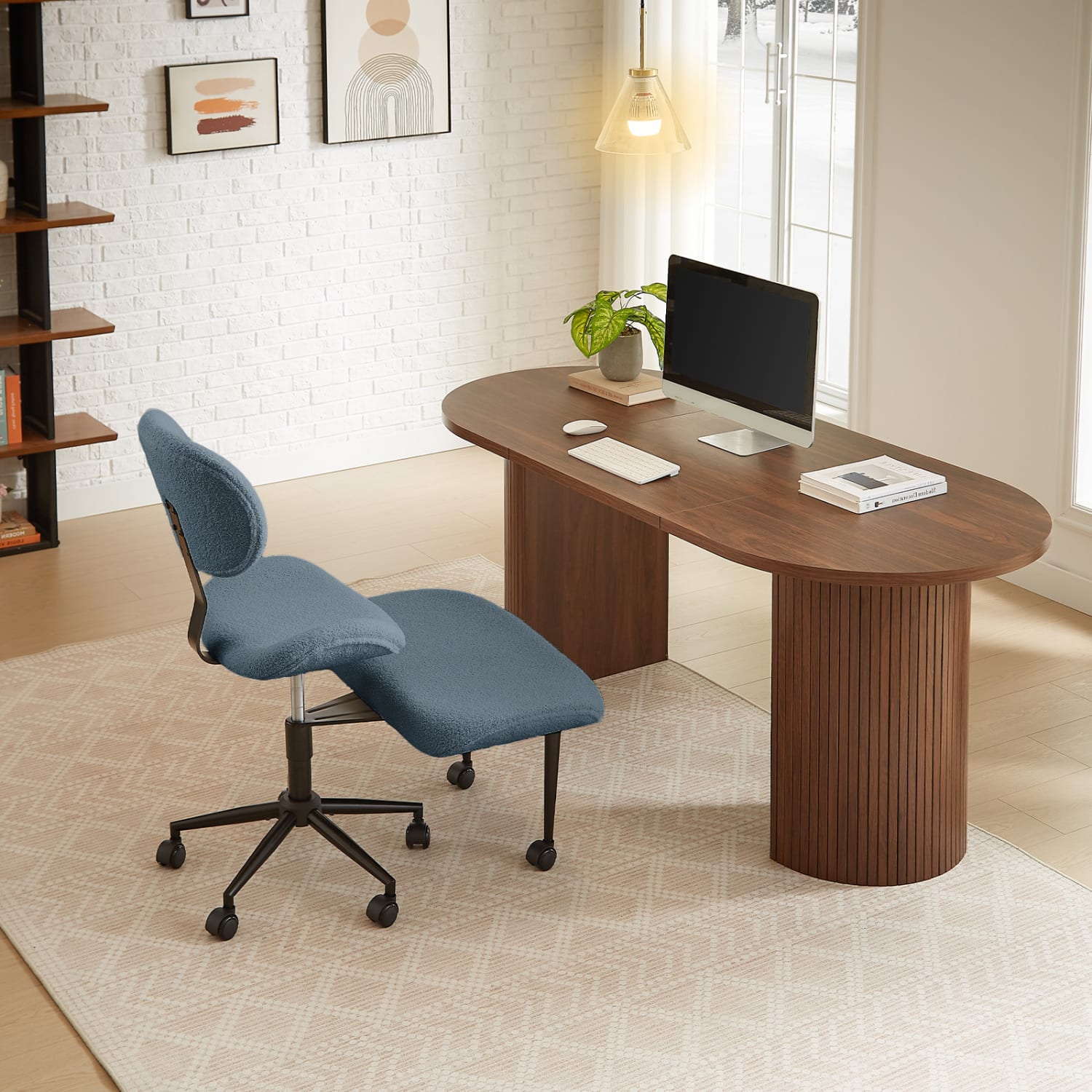 Pinmoco 2-Tier Cross-Legged Ergonomic Textured Fabric Modern Armless Office Chair, Blue - Image 4