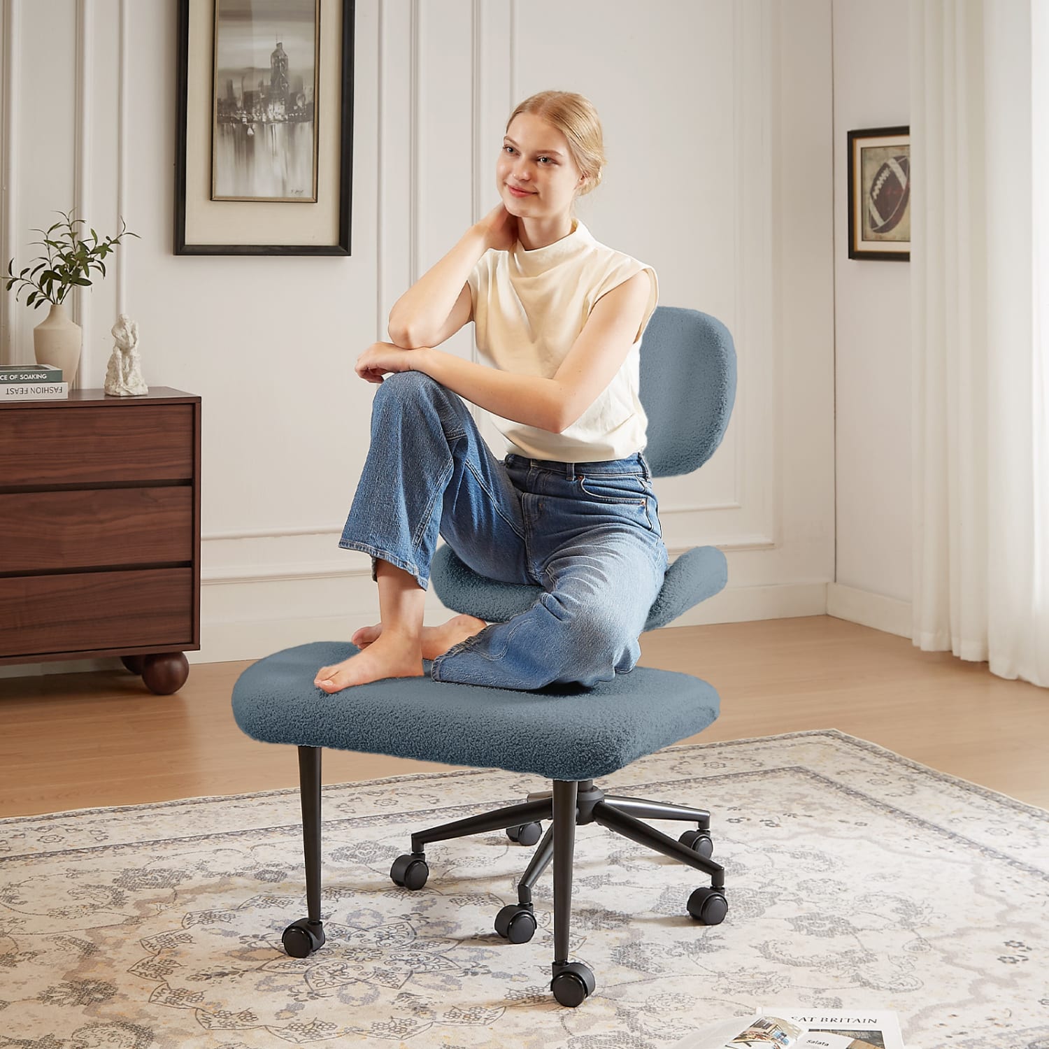Pinmoco 2-Tier Cross-Legged Ergonomic Textured Fabric Modern Armless Office Chair, Blue - Image 5