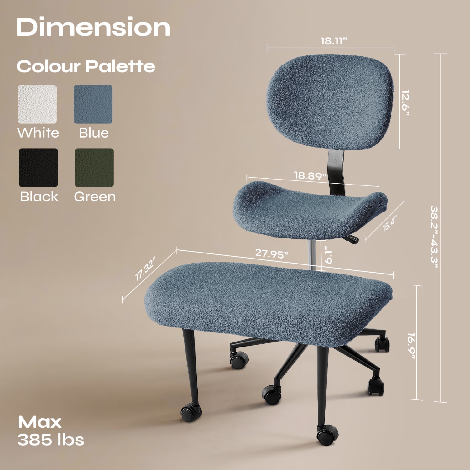 Pinmoco 2-Tier Cross-Legged Ergonomic Textured Fabric Modern Armless Office Chair, Blue - Image 6