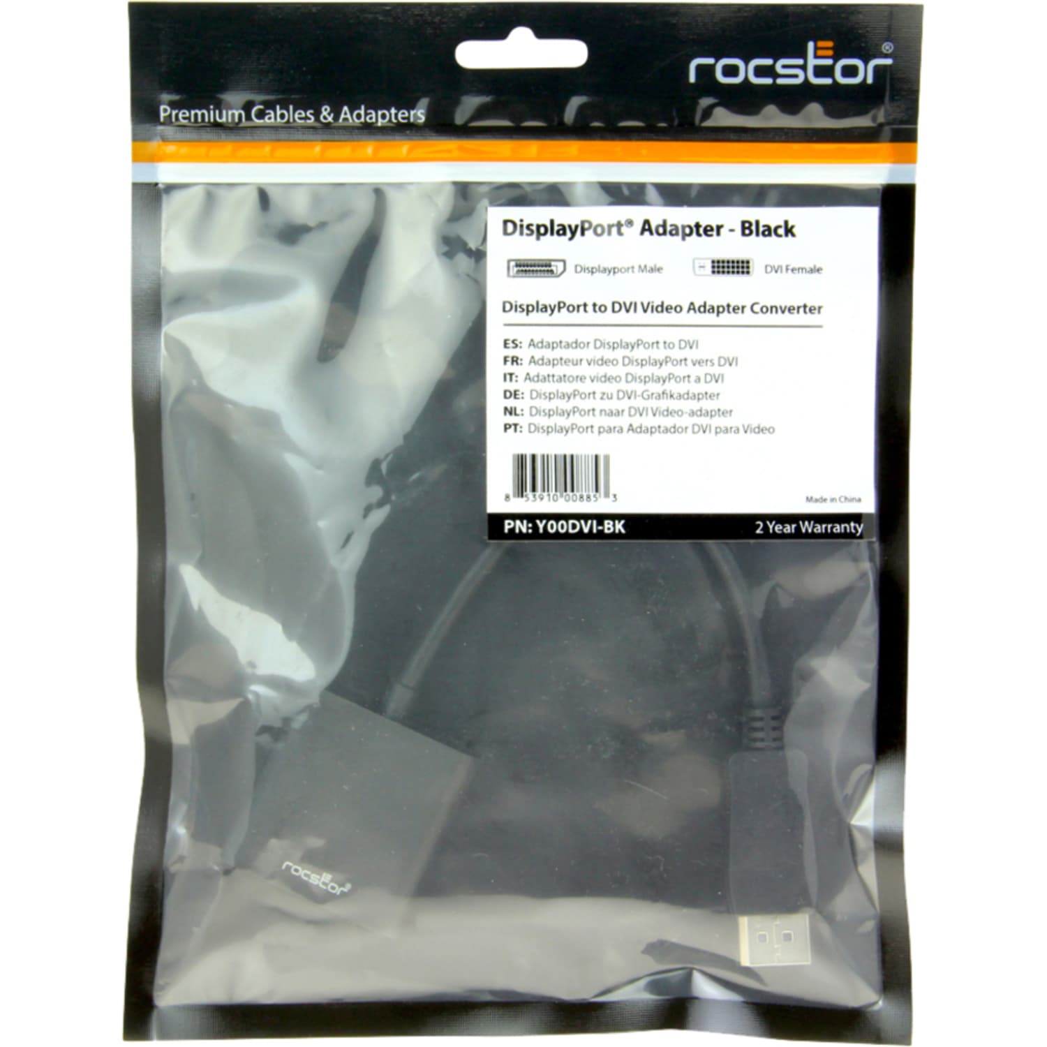 Rocstor DisplayPort to DVI Adapter - 7.90in DisplayPort/DVI Video Cable for Audio/Video Device - First End: 1 x 20-pin DisplayPort 1.1a Digital Audio/Video - Male - Second End: 1 x 29-pin DVI-D Digital Video - Female - Black - Image 3