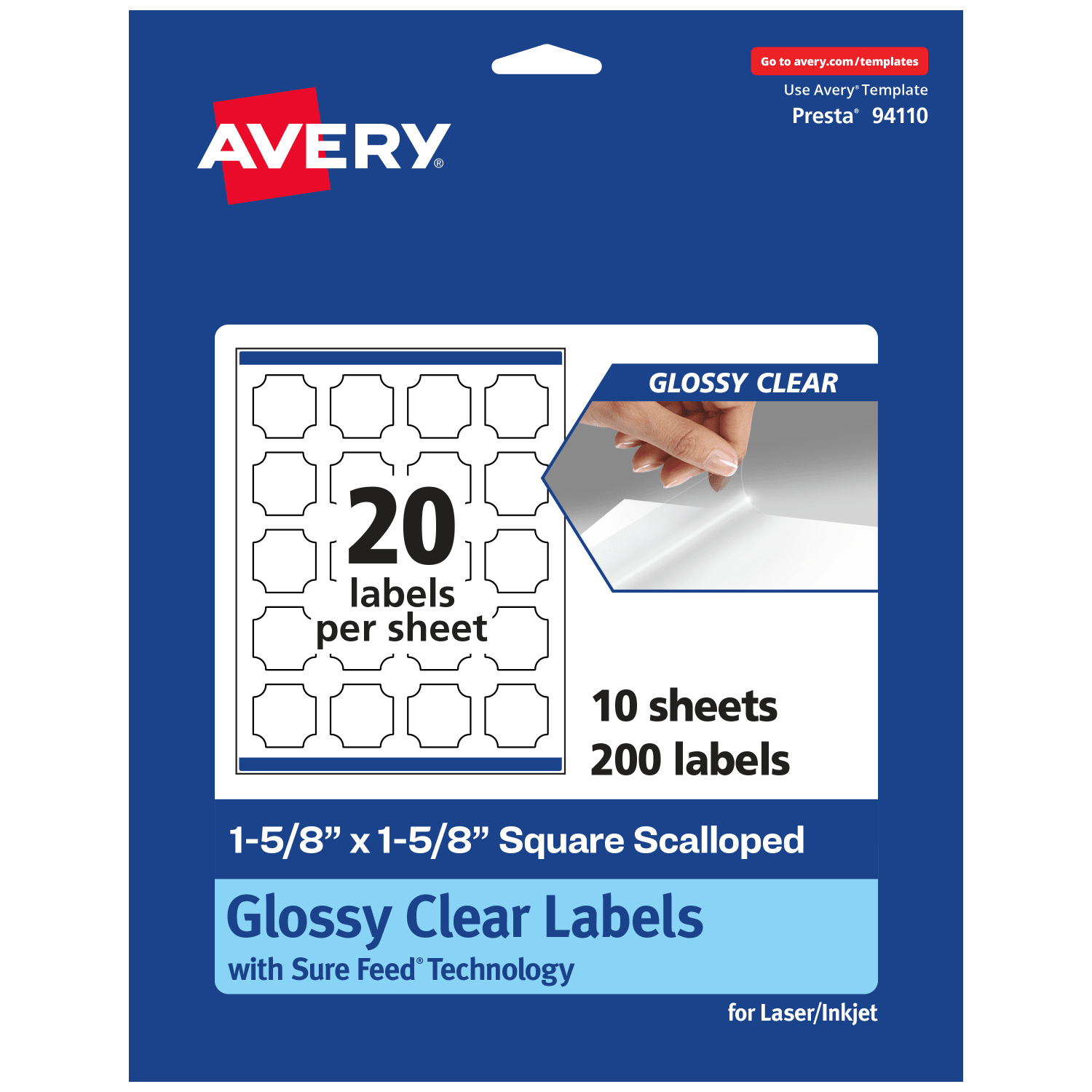 Avery Glossy Permanent Labels With Sure Feed, 94110-CGF10, Square Scalloped, 1-5/8in x 1-5/8in, Clear, Pack Of 200