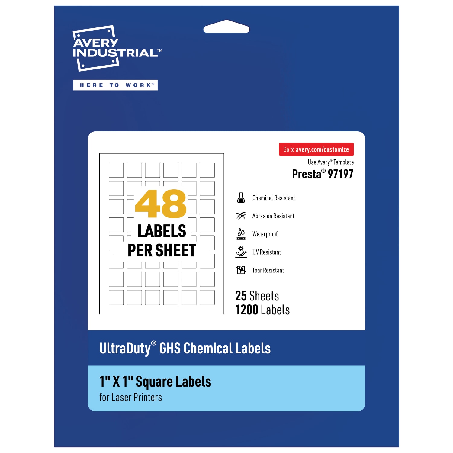 Avery Ultra Duty Permanent GHS Chemical Labels, 97197-WMU25, Square, 1in x 1in, White, Pack Of 1,200