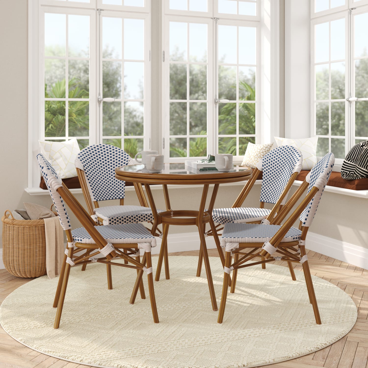 Flash Furniture Lourdes Indoor/Outdoor Commercial Bistro 31.5in Table, PE Rattan, Glass Top with 4 Stack Chairs, White & Navy Rattan/Natural Frame - Image 3