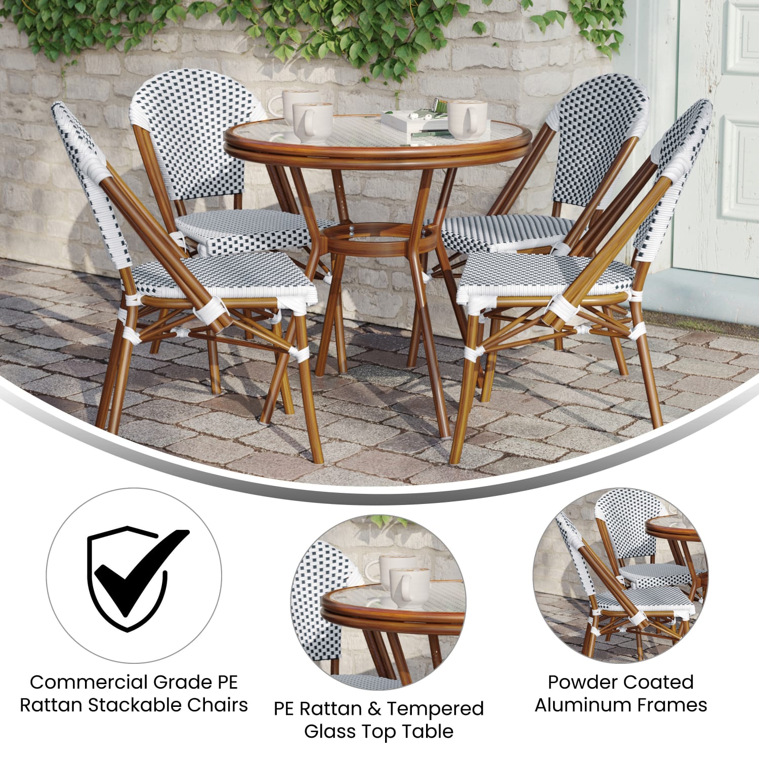 Flash Furniture Lourdes Indoor/Outdoor Commercial Bistro 31.5in Table, PE Rattan, Glass Top with 4 Stack Chairs, White & Navy Rattan/Natural Frame - Image 4