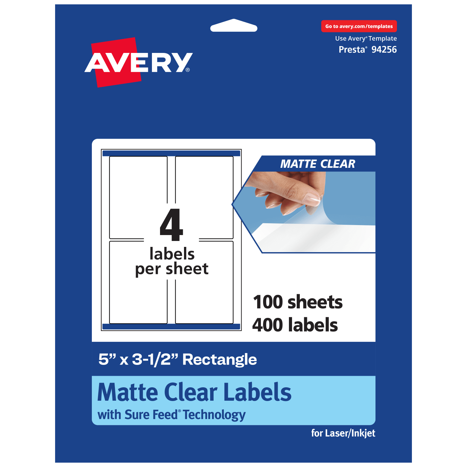 Avery Permanent Labels With Sure Feed, 94256-CMF100, Rectangle, 5in x 3-1/2in, Matte Clear, Pack Of 400