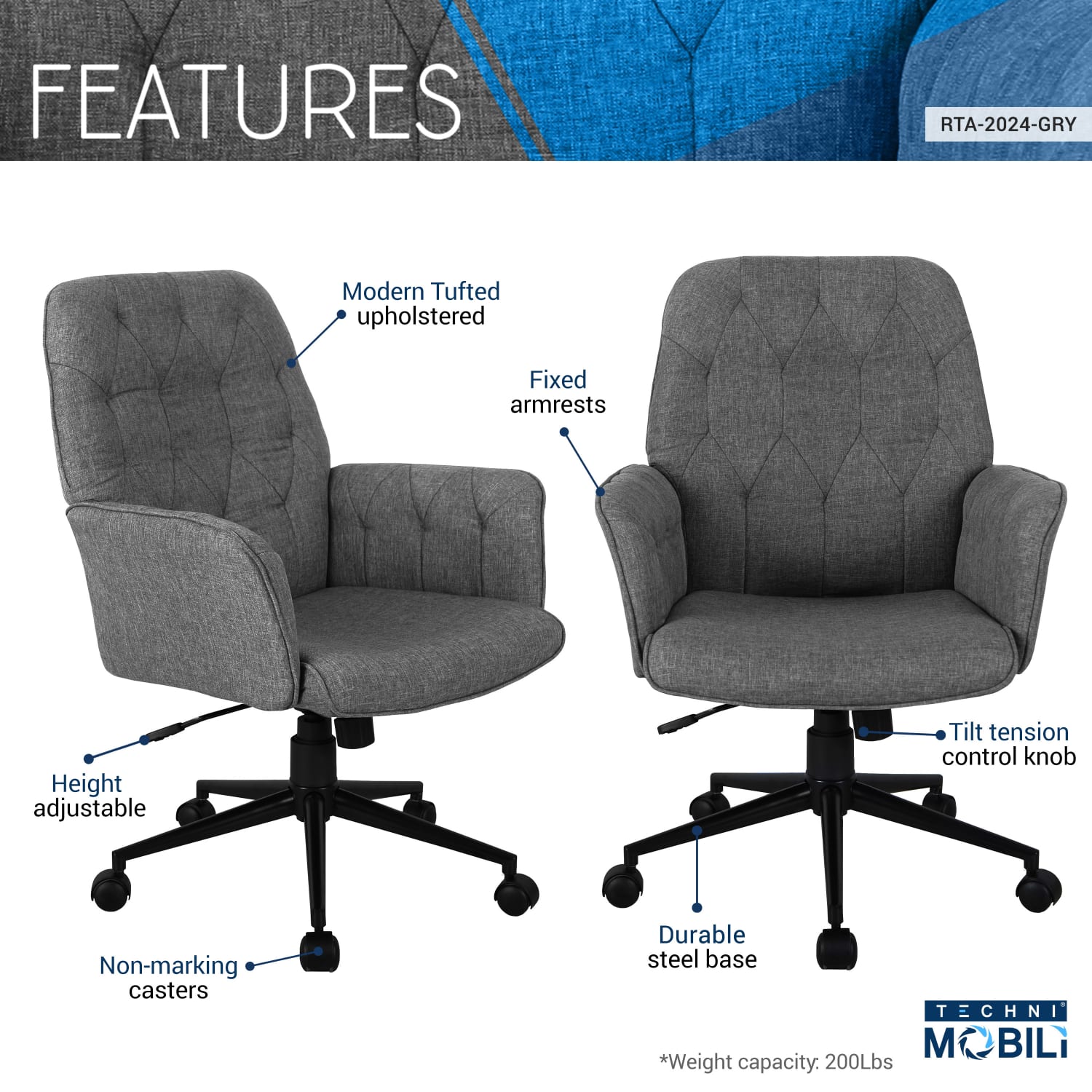 Techni Mobili Ergonomic Fabric Mid-Back Task Chair, Gray - Image 3