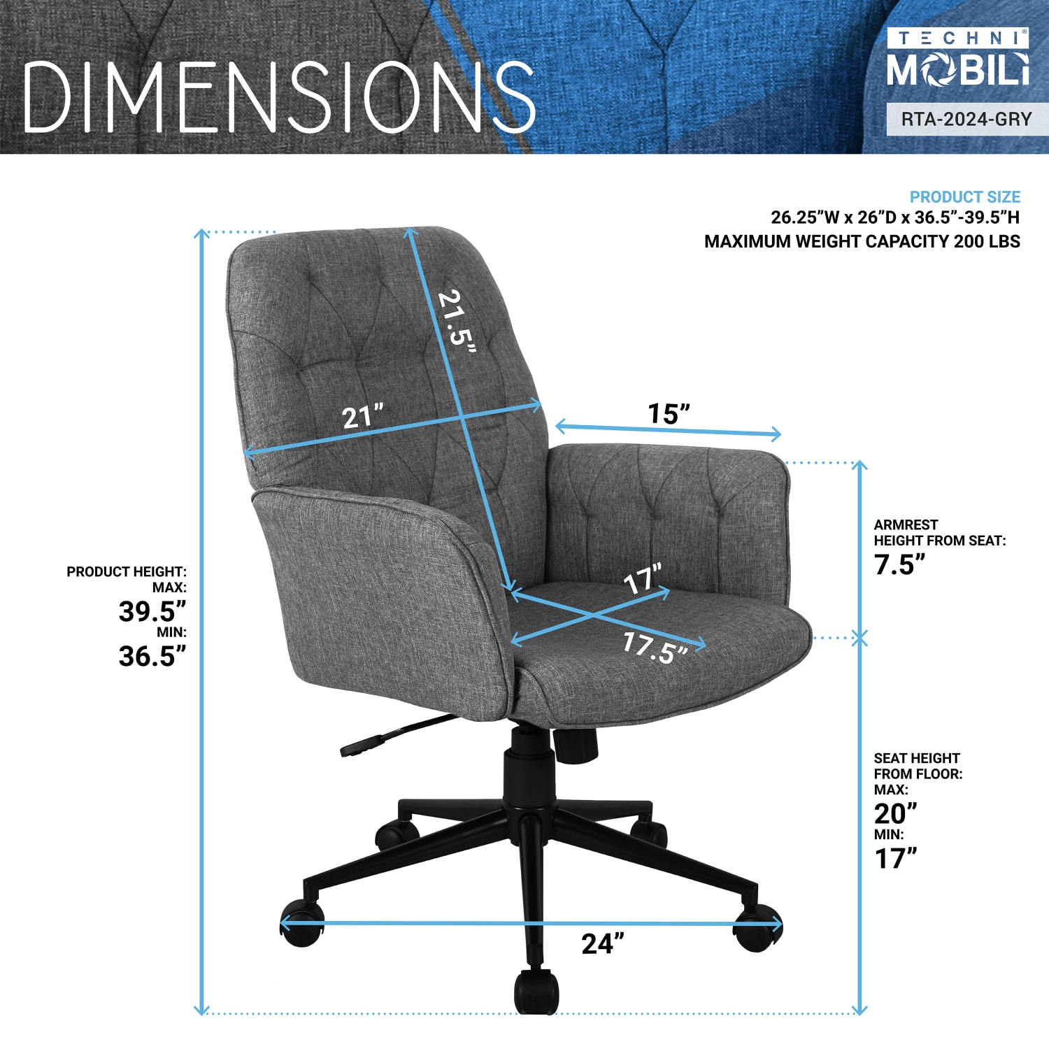 Techni Mobili Ergonomic Fabric Mid-Back Task Chair, Gray - Image 4
