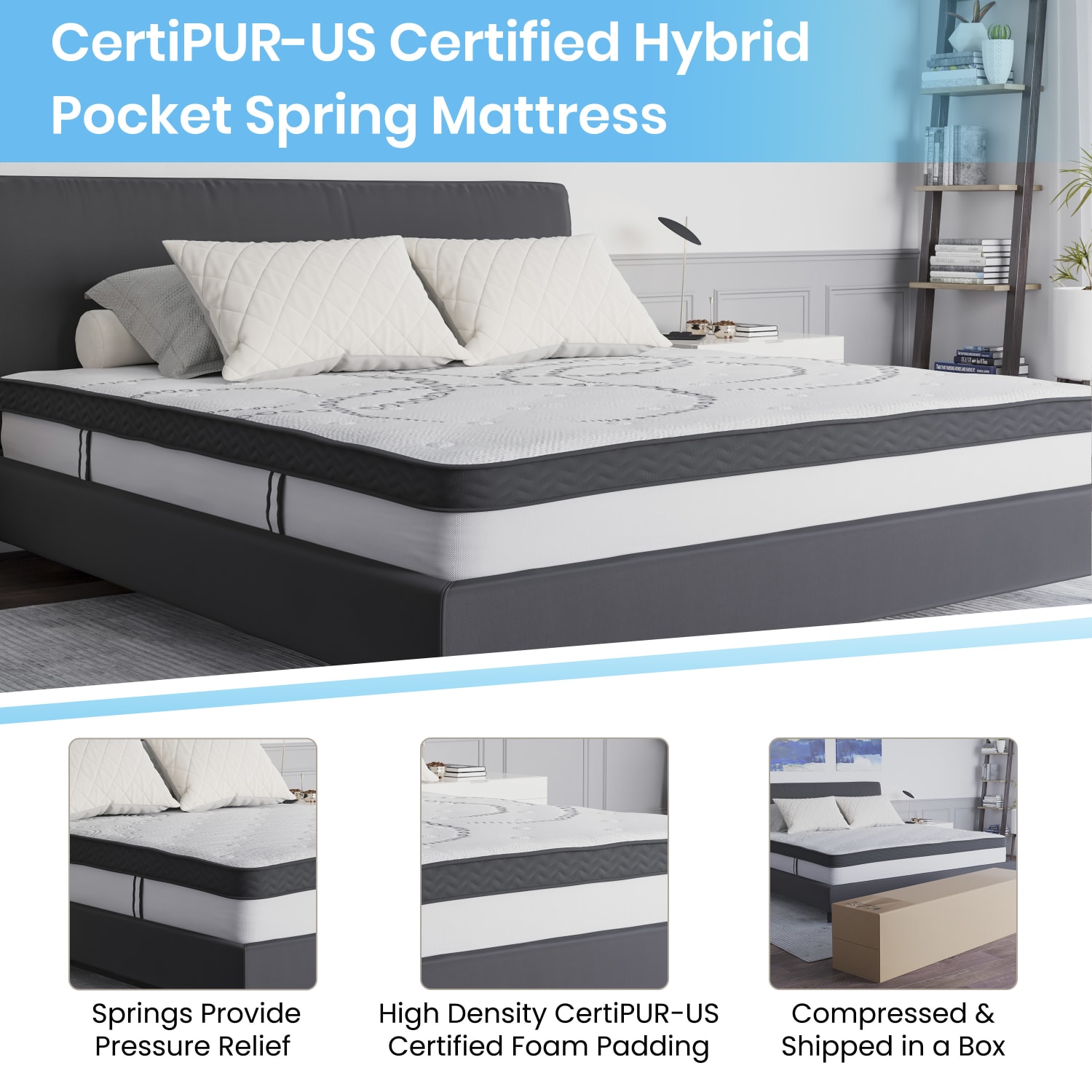 Flash Furniture Roxbury Tufted Upholstered Platform Bed with 10in CertiPUR-US Certified Foam and Pocket Spring Mattress, King, 50-3/4inH x 81inW x 85-1/4inL, Beige - Image 6