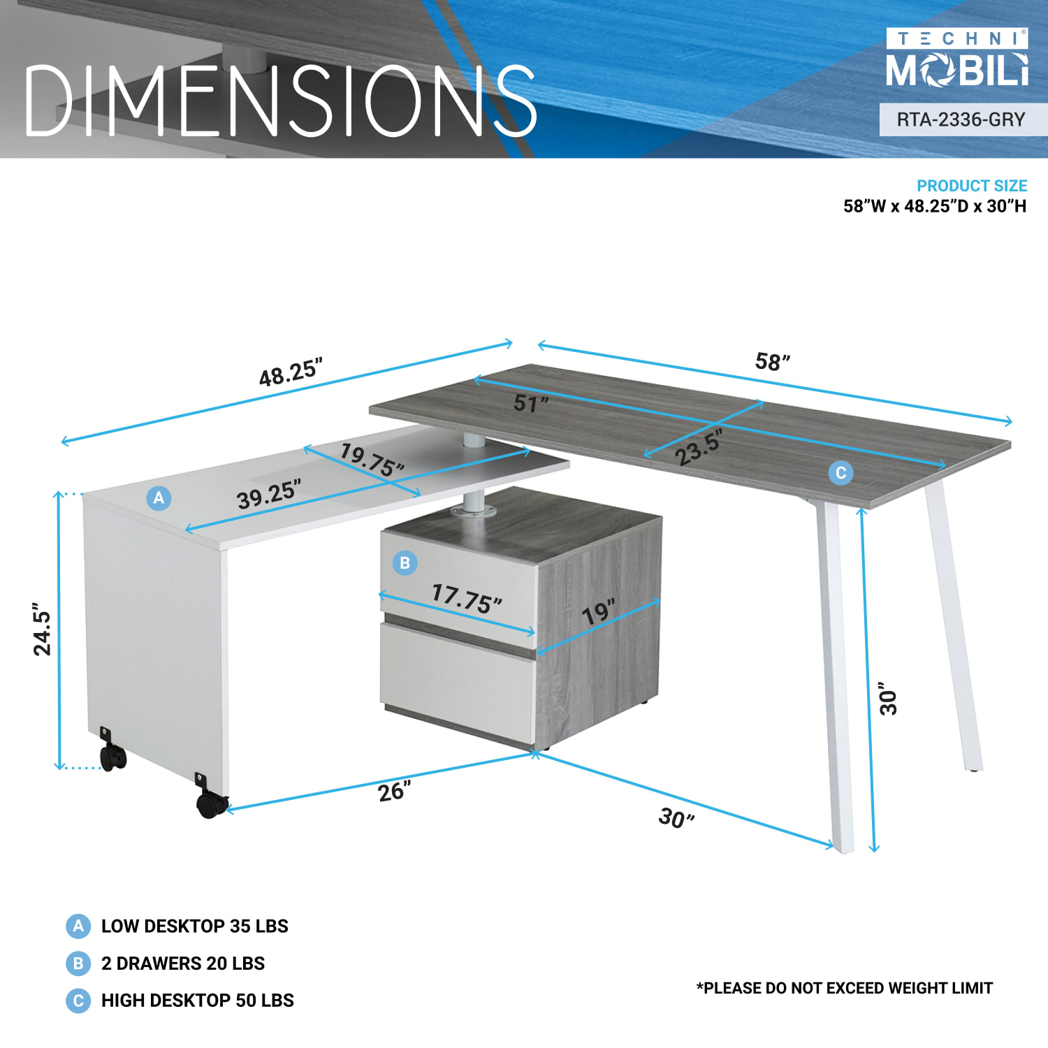Techni Mobili 51inW Rotating Multi-Positional Computer Desk, Gray - Image 5