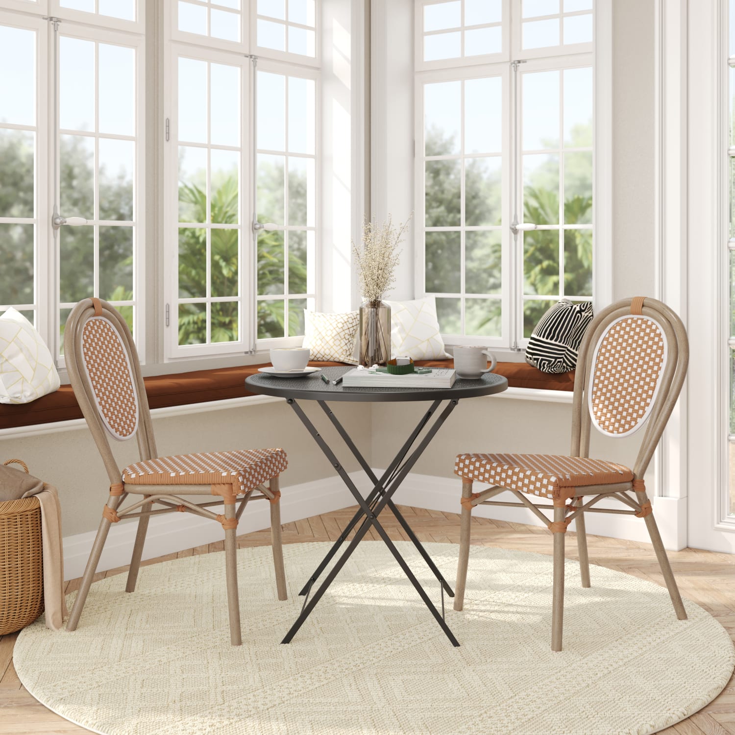 Flash Furniture 2 Pack Lourdes Indoor/Outdoor Commercial Thonet Bistro Stacking Chair, PE Rattan and Aluminum Frame, Natural & White/Light Natural Frame - Image 4
