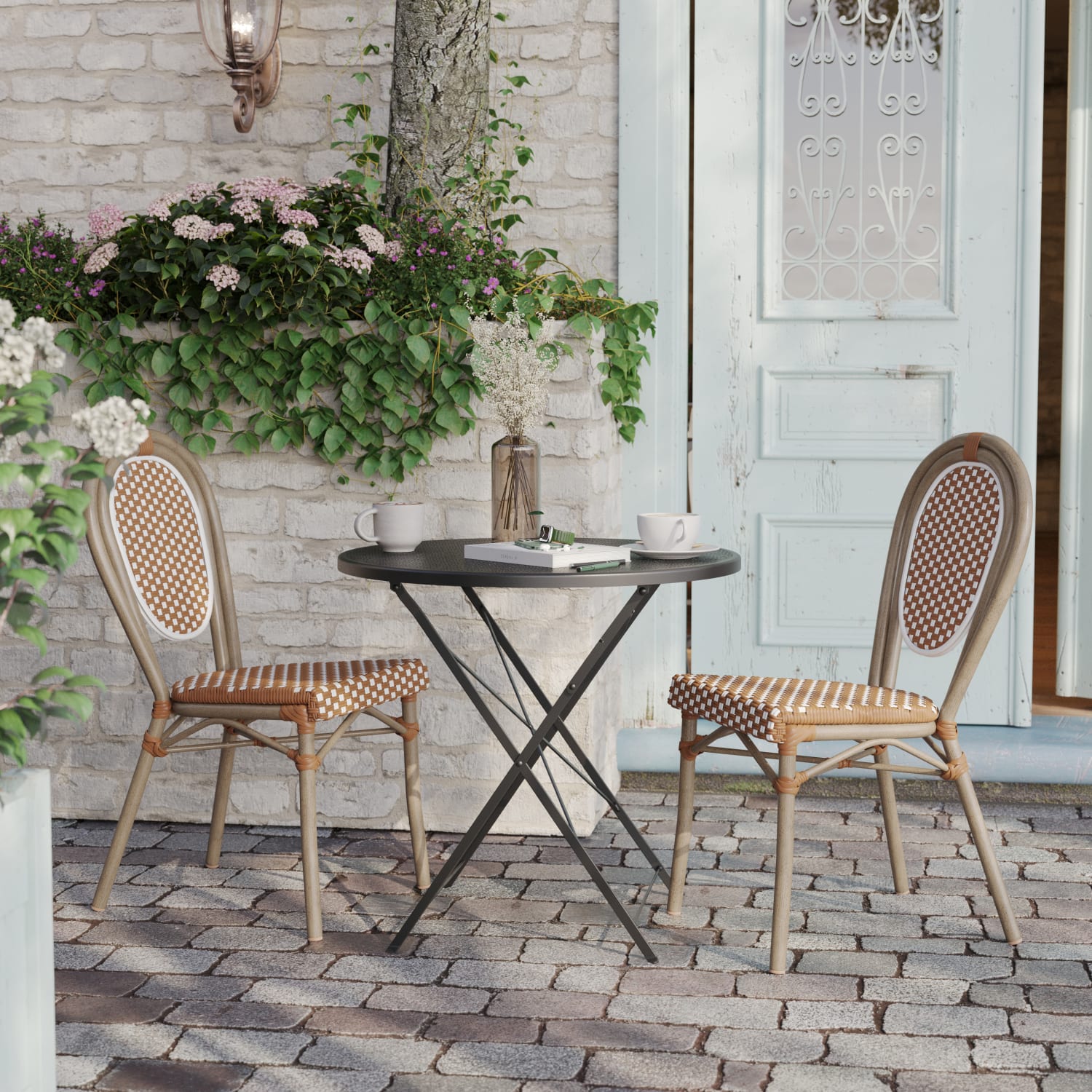 Flash Furniture 2 Pack Lourdes Indoor/Outdoor Commercial Thonet Bistro Stacking Chair, PE Rattan and Aluminum Frame, Natural & White/Light Natural Frame - Image 6