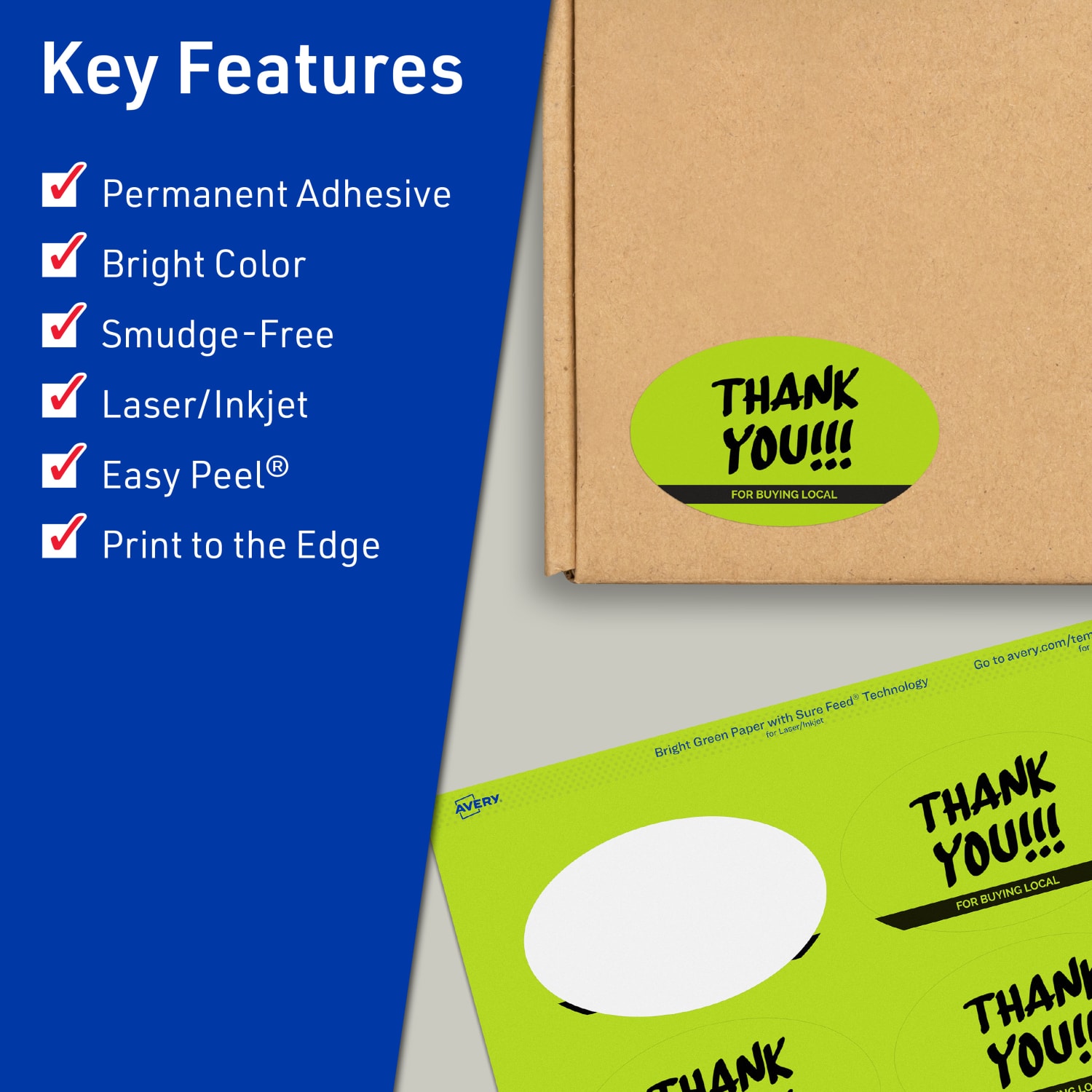 Avery Print-To-The-Edge Labels With Sure Feed Technology And Easy Peel, 94056-BGP80, Oval, 2in x 3-1/3in, Matte Bright Green, Pack of 640 - Image 3