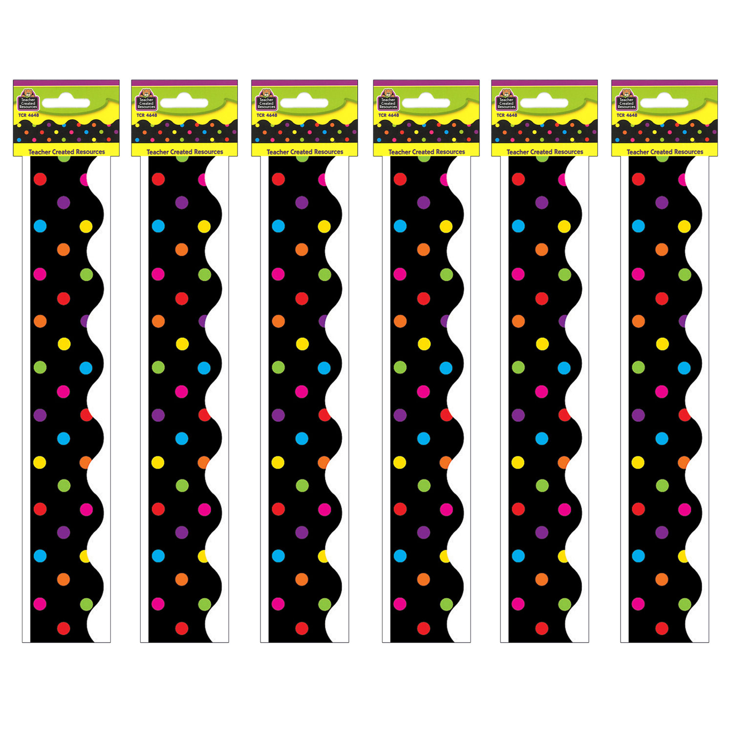 Teacher Created Resources Scalloped Border Trim, 2-3/16ft" x 35ft", Multicolor Dots/Black, 12 Boarders Per Pack, Set Of 6 Packs