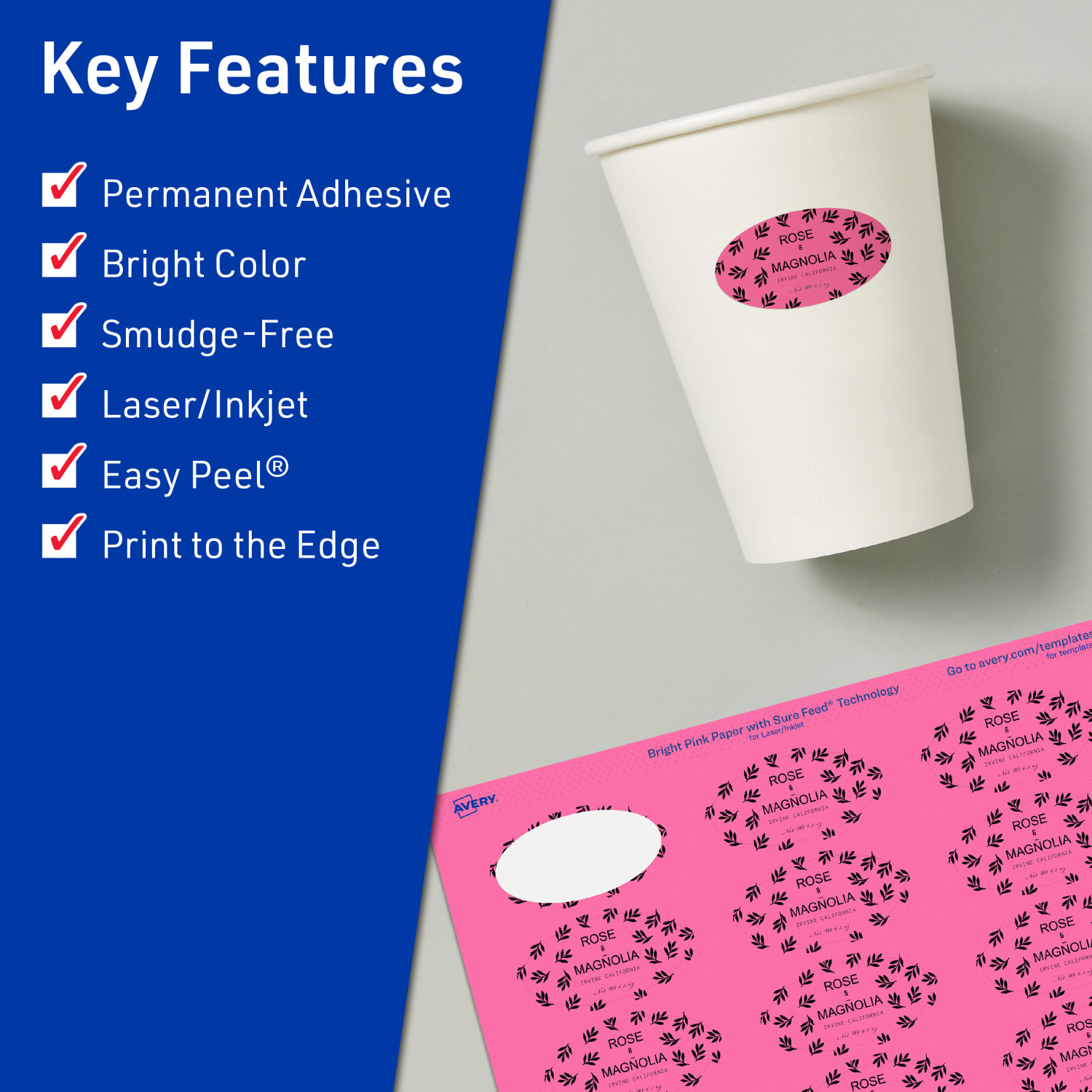 Avery Print-To-The-Edge Labels With Sure Feed Technology And Easy Peel Label Feature, 94053-BPP40, Oval, 1in x 2in, Matte Bright Pink, Pack of 960 - Image 3