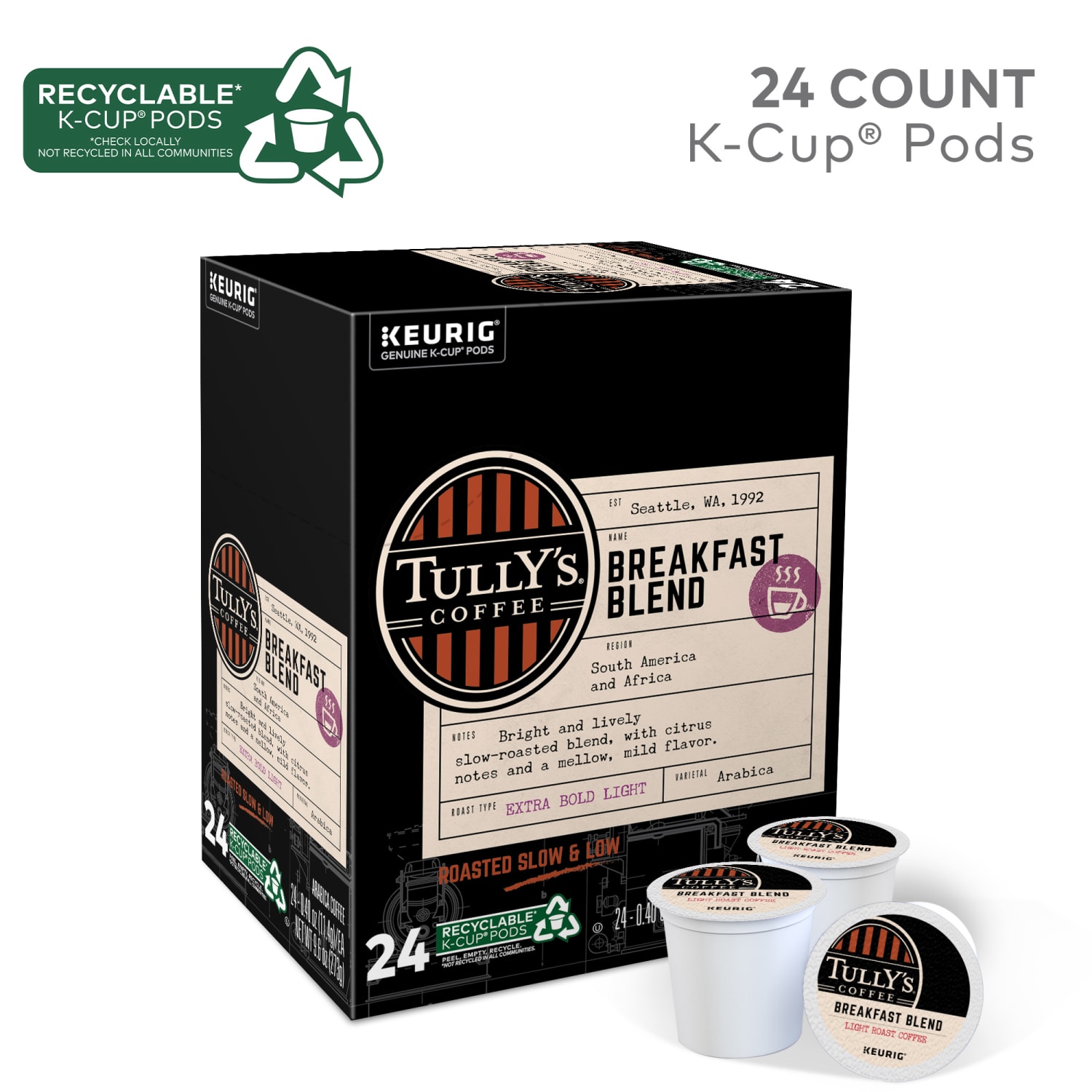 Tully's Coffee Breakfast Blend Single-Serve K-Cups, Classic, Carton Of 24 K-Cups, Box Of 4 Cartons - Image 4