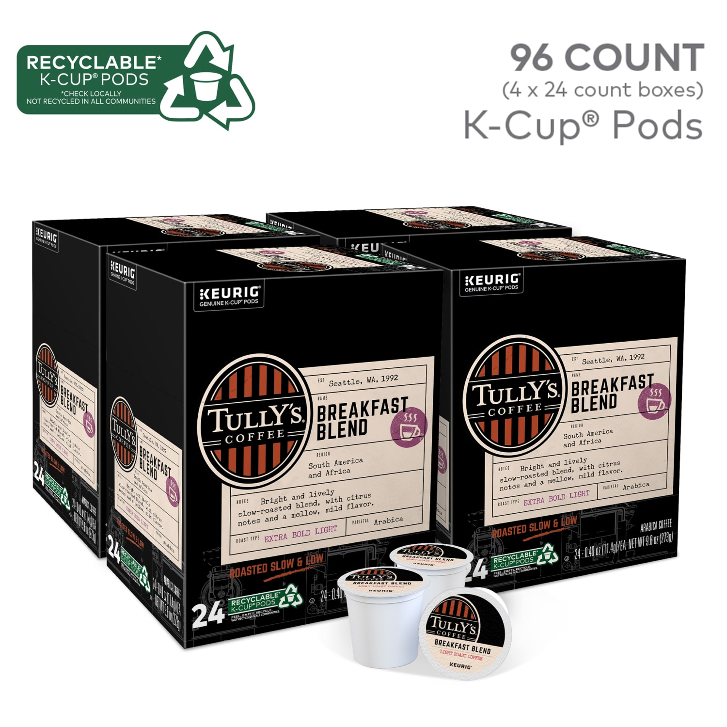 Tully's Coffee Breakfast Blend Single-Serve K-Cups, Classic, Carton Of 24 K-Cups, Box Of 4 Cartons - Image 6
