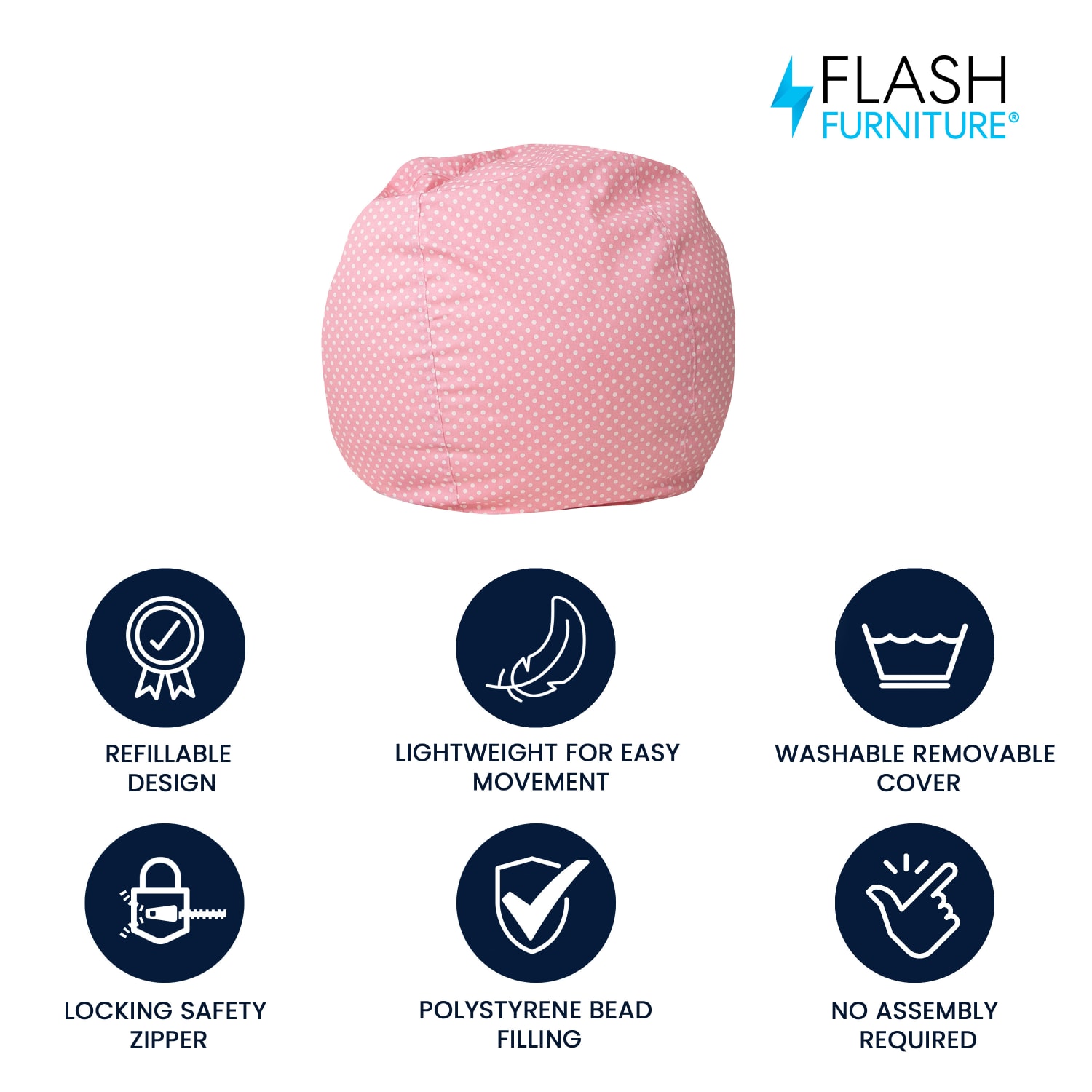 Flash Furniture Small Bean Bag Chair For Kids And Teens, Light Pink Dot - Image 3