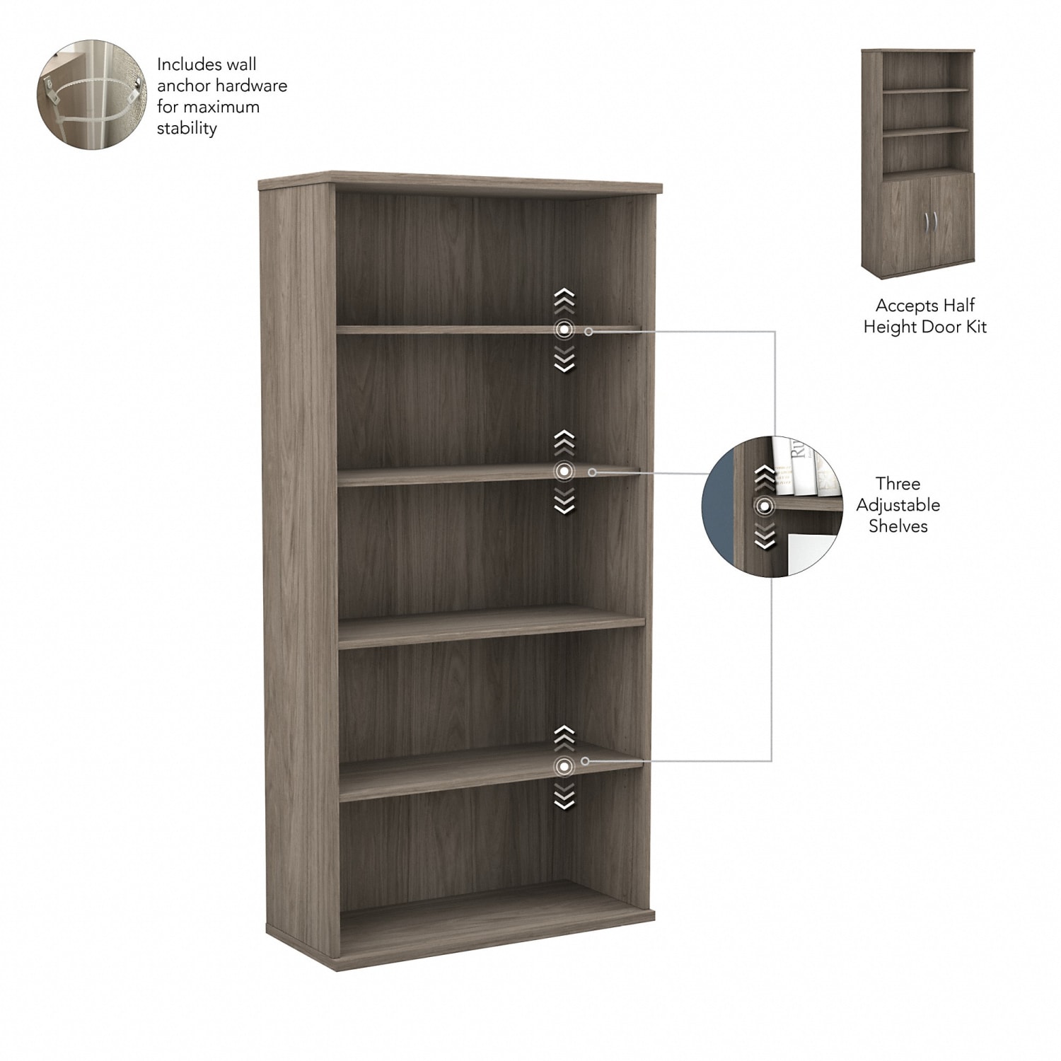 Bush Business Furniture Studio C 73inH 5-Shelf Bookcase With Doors, Modern Hickory, Standard Delivery - Image 4