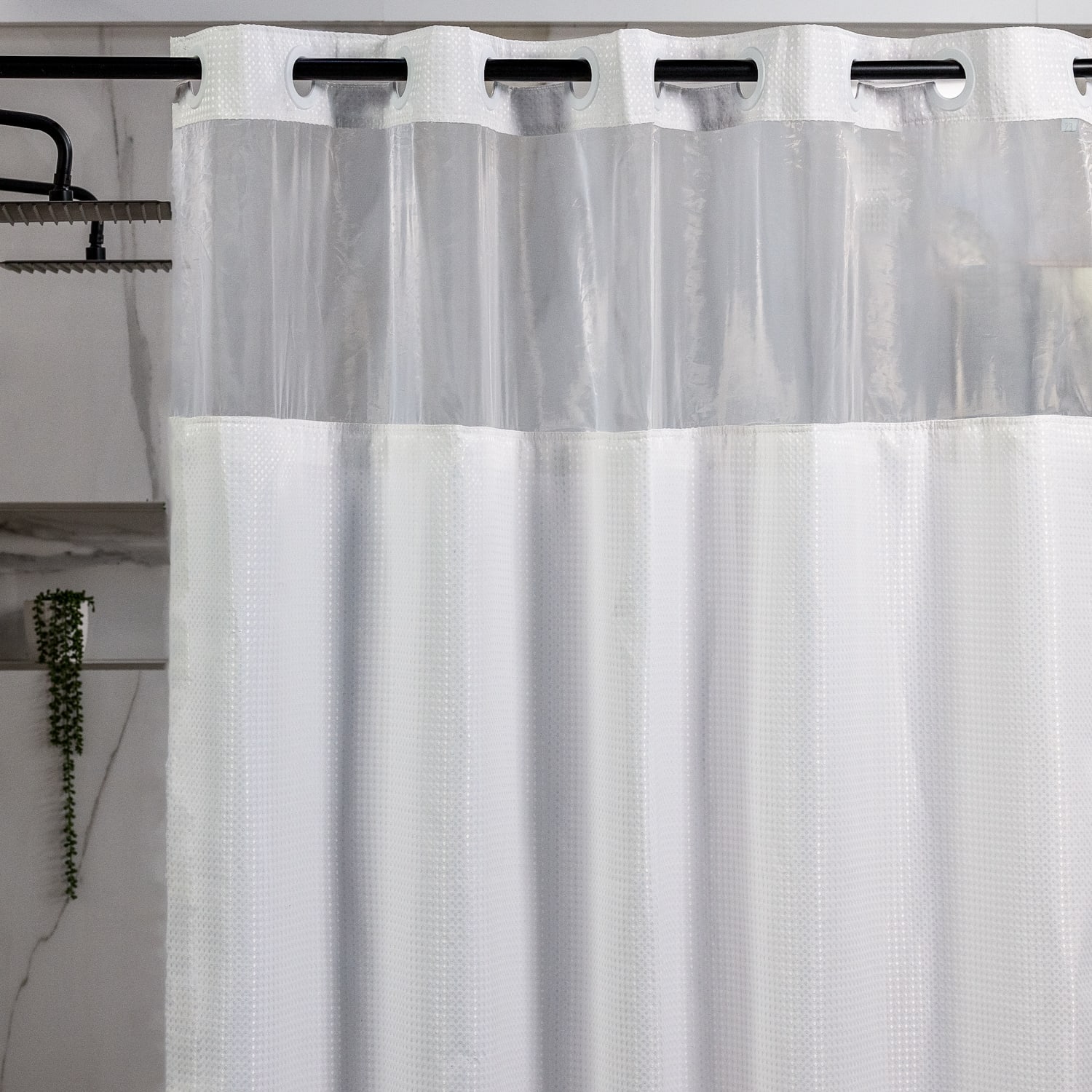 23 Threads Shower Curtain, Waffle GRS Polyester, Hook-Free, With Window & Liner, White, 71in x 74in, Case of 12 - Image 3