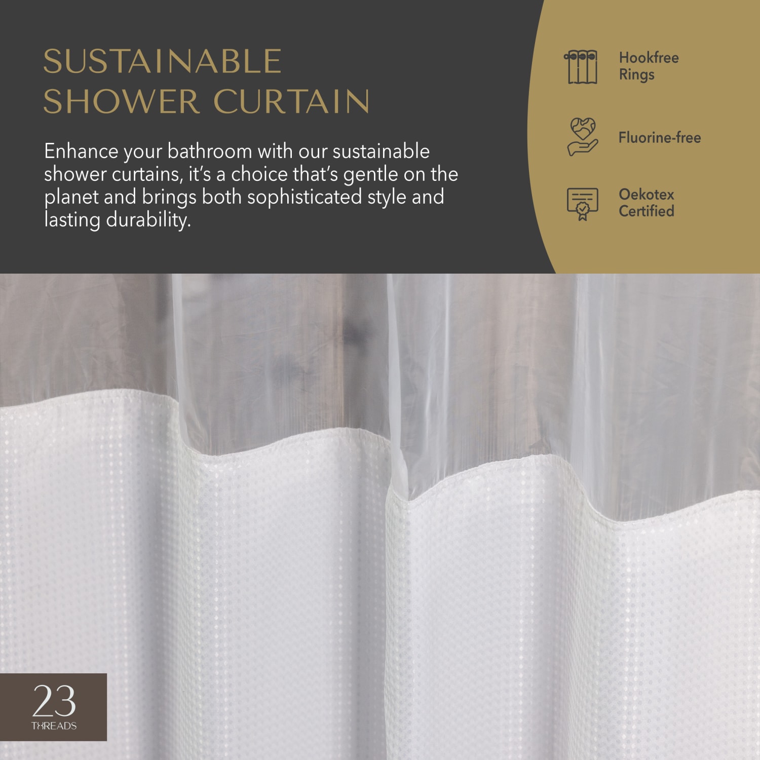 23 Threads Shower Curtain, Waffle GRS Polyester, Hook-Free, With Window & Liner, White, 71in x 74in, Case of 12 - Image 3