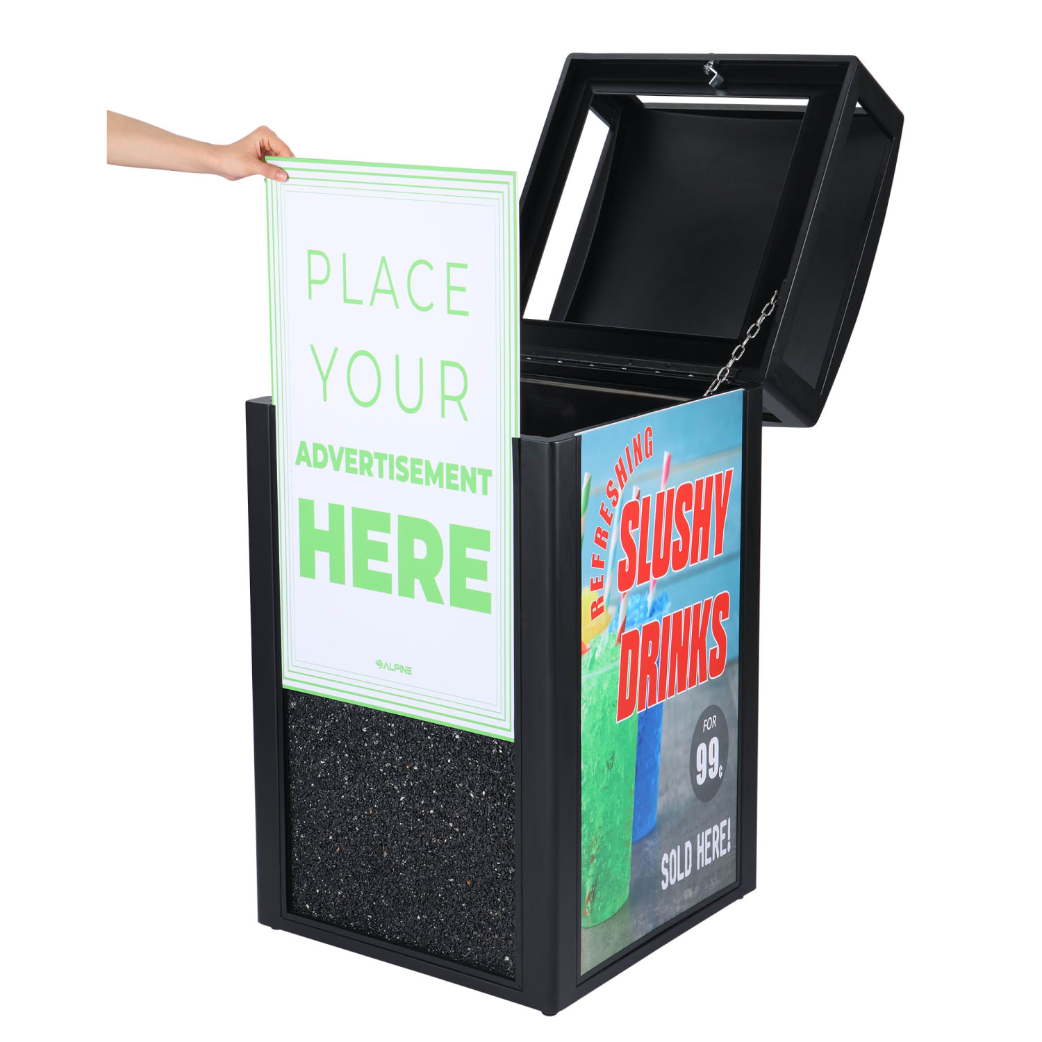 Alpine Industries Stone All-Weather Outdoor Commercial Trash Can With Advertisement Panels, 40 Gallon, Black - Image 5