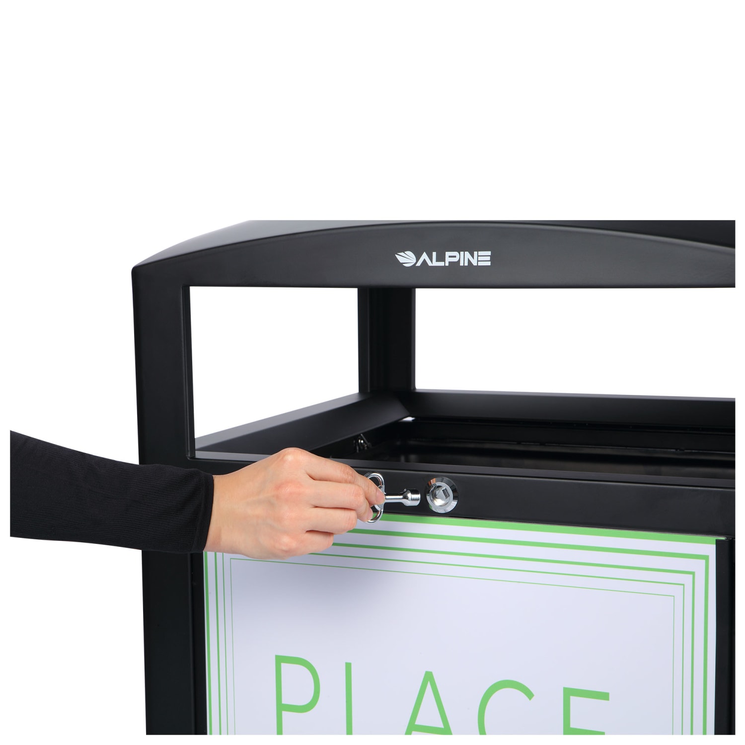 Alpine Industries Stone All-Weather Outdoor Commercial Trash Can With Advertisement Panels, 40 Gallon, Black - Image 6