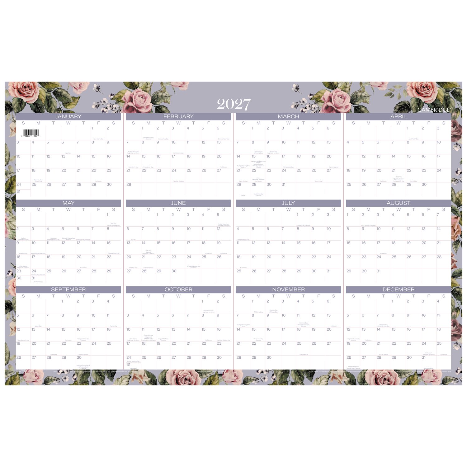 Mead Cambridge Tea Rose 2026-2027 Erasable Wall Calendar, Reversible Academic Year/Regular Year, Large, 24in x 36in - Image 4