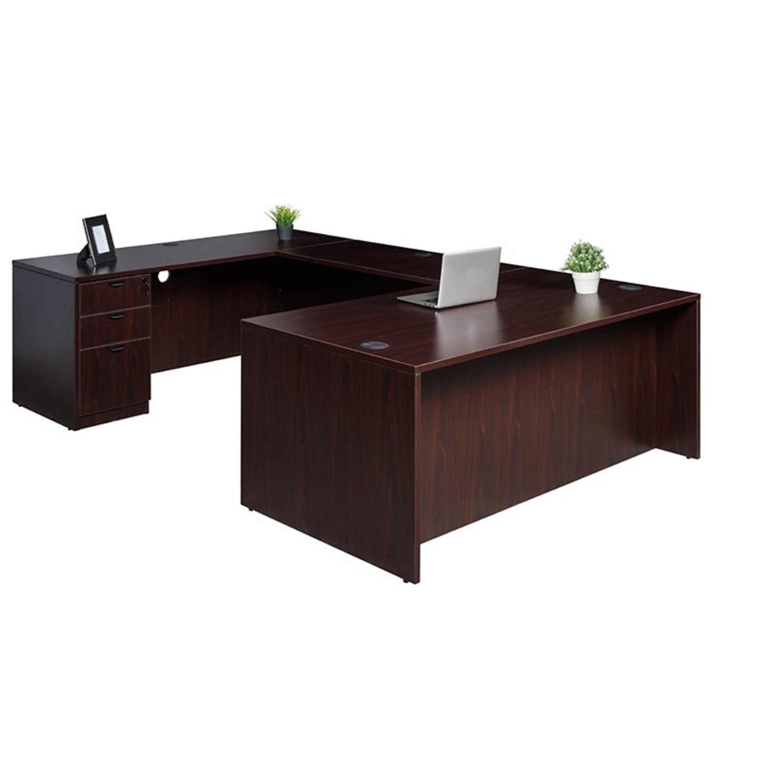 Boss Office Products 66inW Executive U-Shaped Desk with Box/Box/File Storage Pedestal, Mahogany