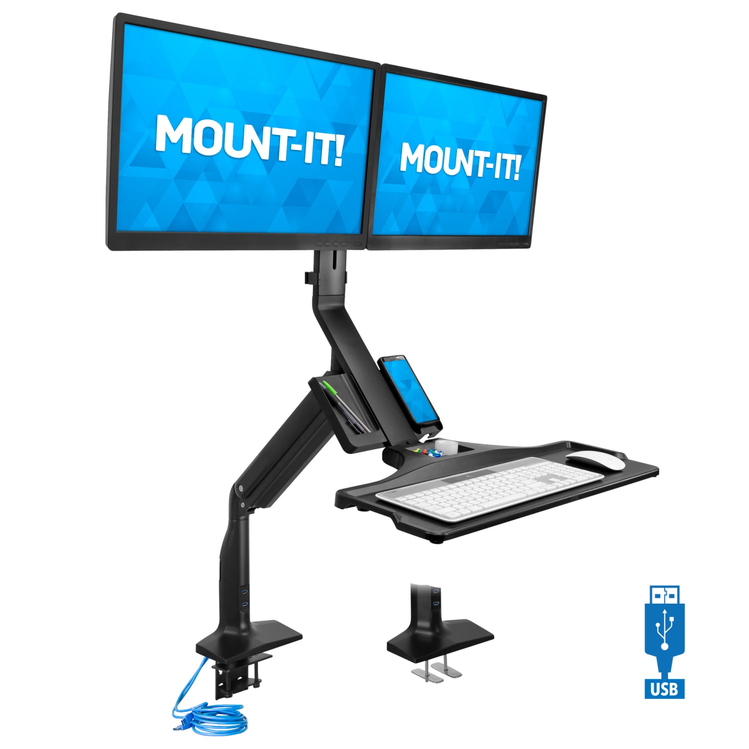 Mount-It! MI-7984 Dual-Monitor Sit-Stand Desk Riser Workstation With Gas Lift, 26inW x 40.7 "D, Black - Image 4