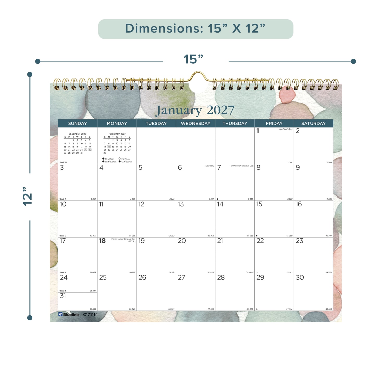 2027 Blueline Colorful Monthly Wall Calendar, 15in x 12in, Splash, January To December, C171114, Total Qty 1 - Image 3
