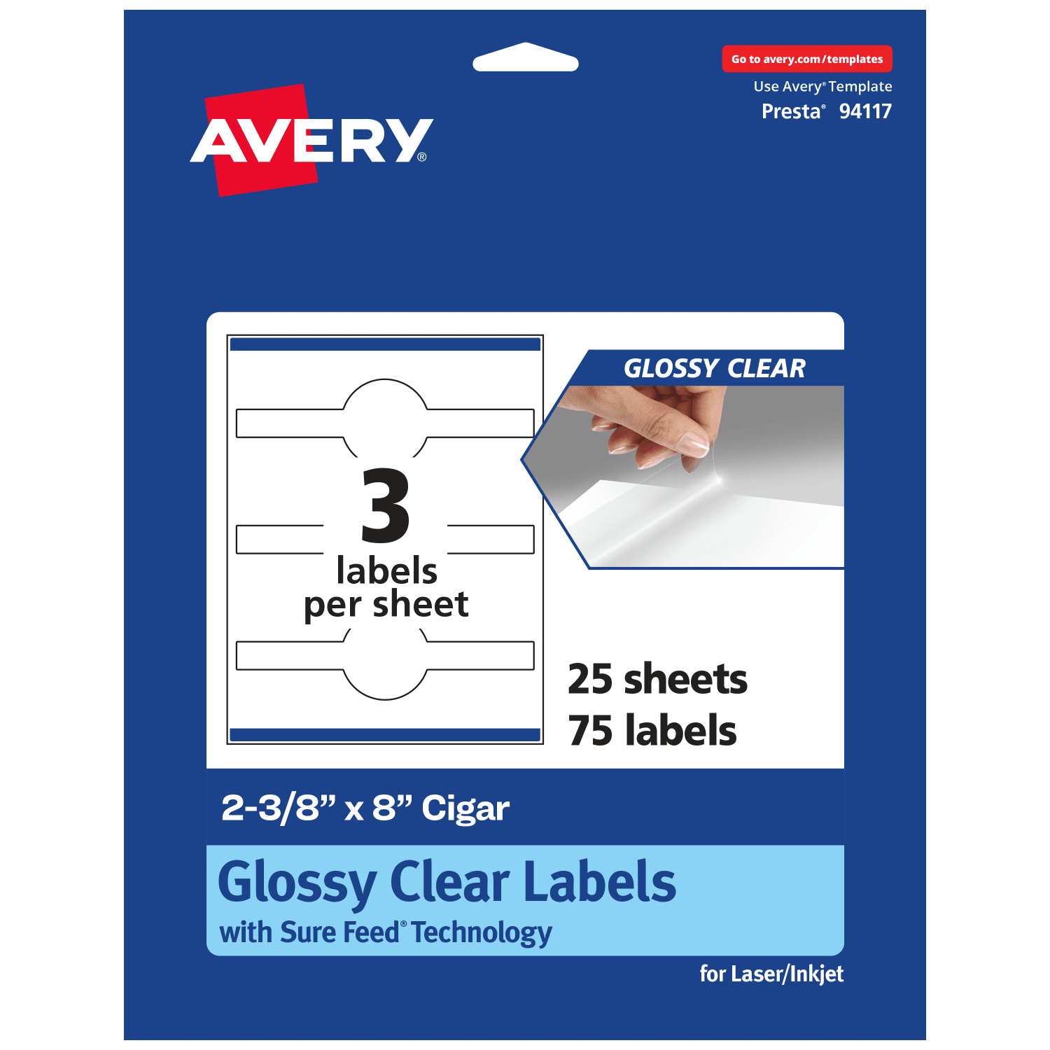 Avery Glossy Permanent Labels With Sure Feed, 94117-CGF25, Cigar, 2-3/8in x 8in, Clear, Pack Of 75