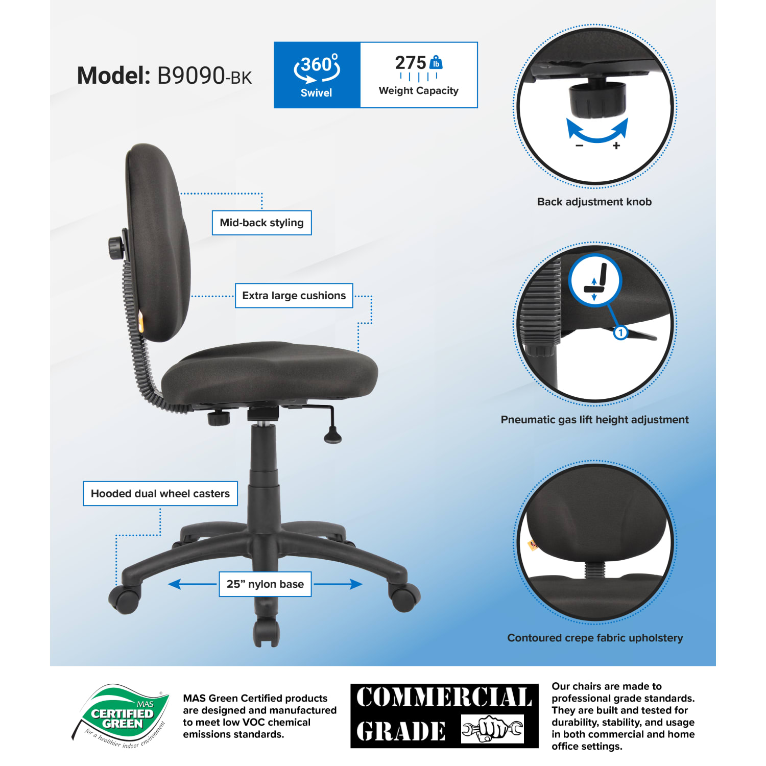 Boss Office Products Fabric Wide Back Task Chair, Black - Image 3