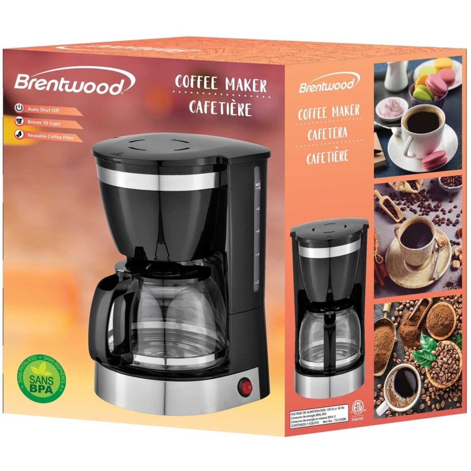 Brentwood TS-215BK 12-Cup Coffee Maker, Black - 800 W - 12 Cup(s) - Multi-serve - Black - Image 5