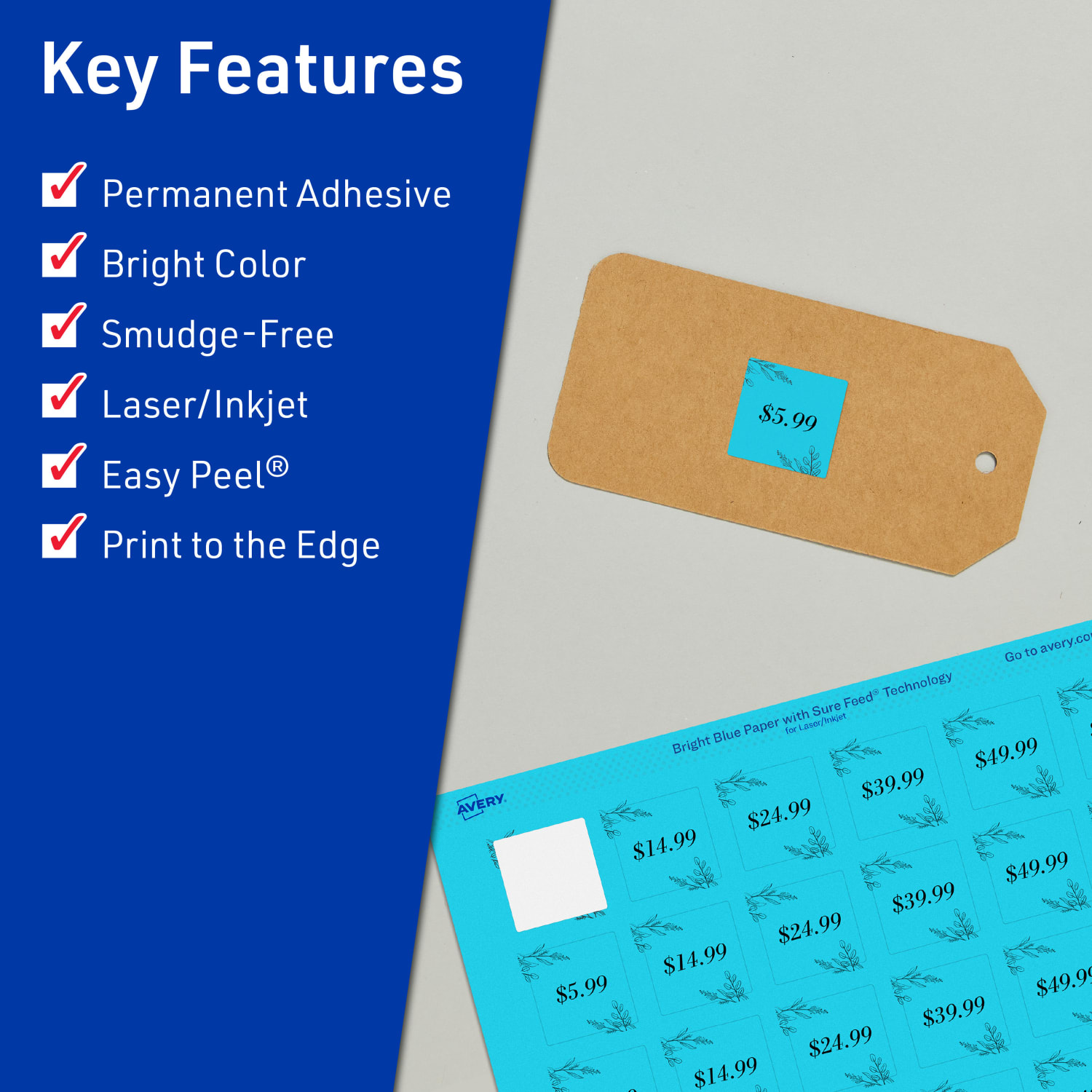 Avery Print-To-The-Edge Labels With Sure Feed Technology And Easy Peel, 94102-BBP10, Square, 3/4in x 3/4in, Matte Bright Blue, Pack of 800 - Image 3