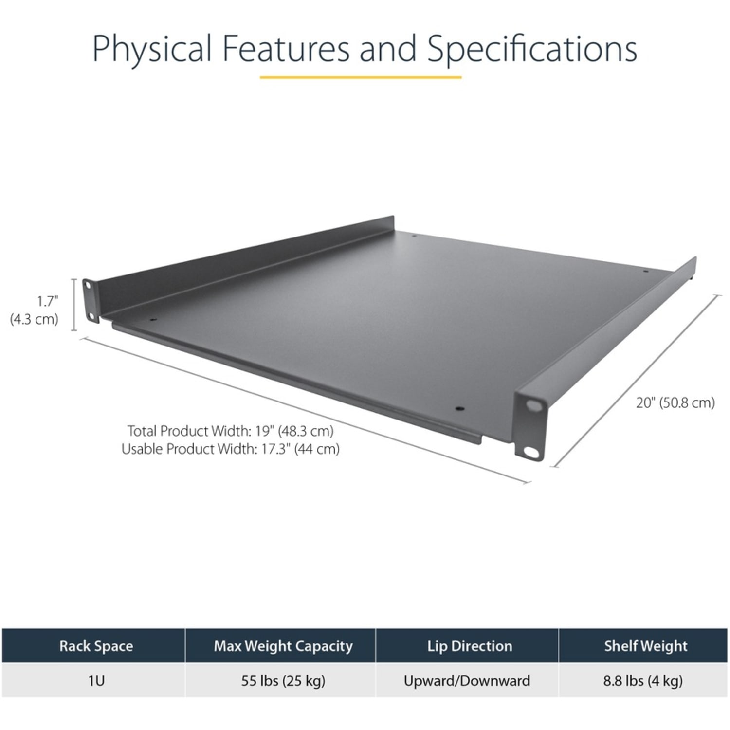 StarTech.com 1U Server Rack Cabinet Shelf - Fixed 20in Deep Cantilever Rackmount Tray for 19in Data/AV/Network Enclosure w/cage nuts, screws - Image 4