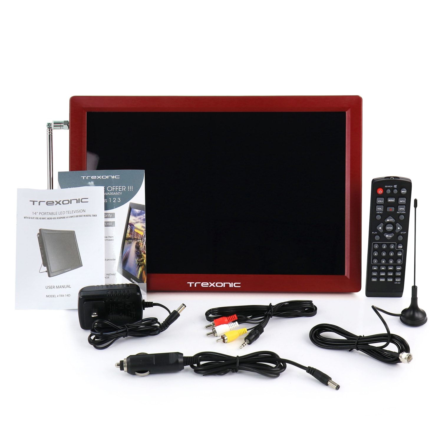 Trexonic Portable Rechargeable 14in LED TV With HDMI And Built-In Digital Tuner, Red, 995115778M - Image 6