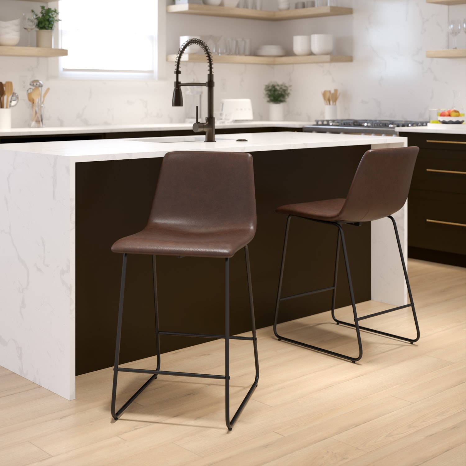 Flash Furniture LeatherSoft Faux Leather Counter-Height Bar Stools, Dark Brown, Set Of 2 Stools