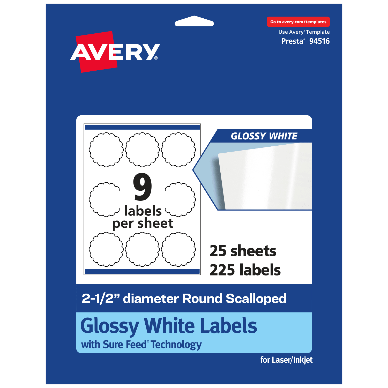 Avery Glossy Permanent Labels With Sure Feed, 94516-WGP25, Round Scalloped, 2-1/2in Diameter, White, Pack Of 225